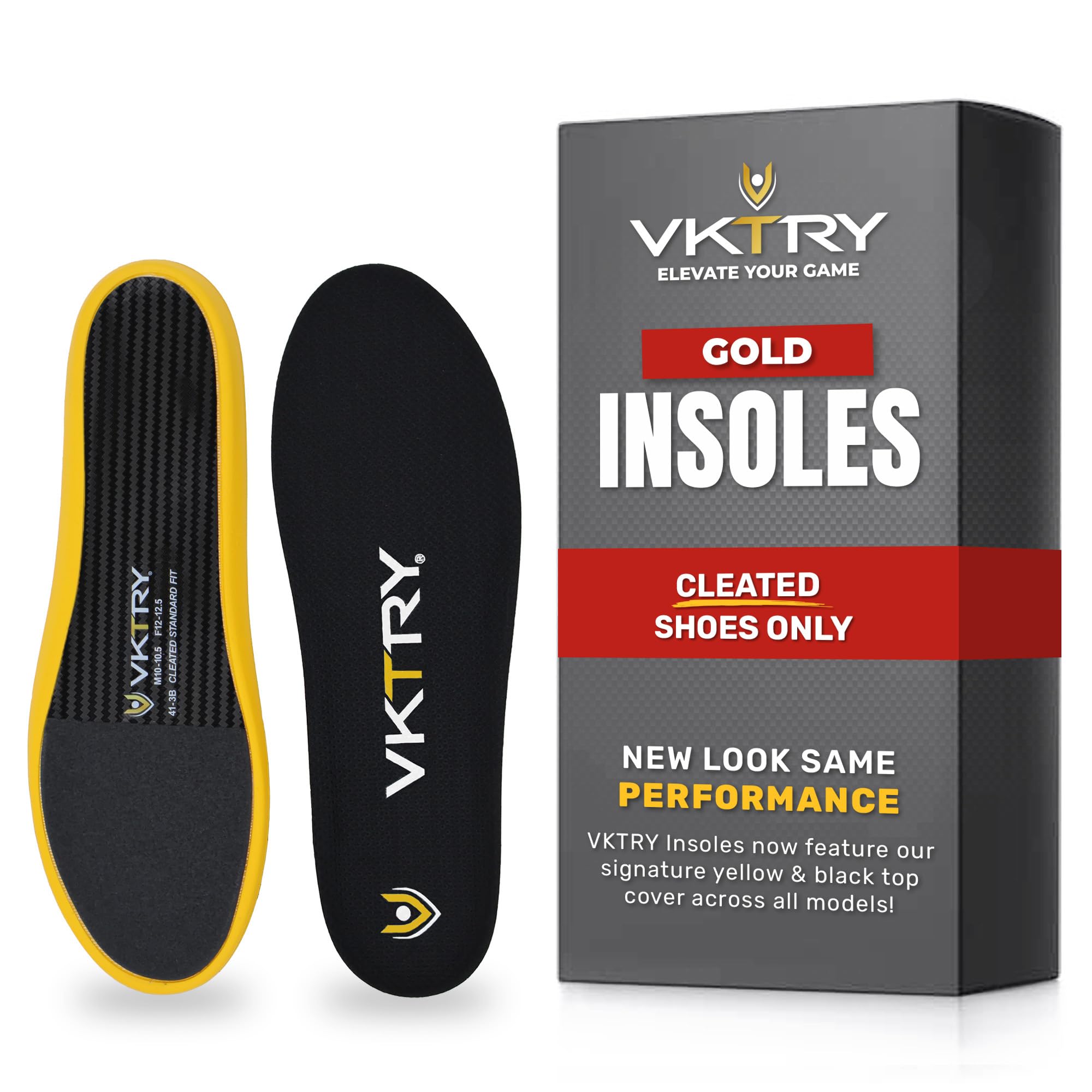 VKTRY Gold for Cleated Shoes - Carbon Fiber Performance Insoles Customized Athletic Inserts for Football, Baseball, Soccer, Golf, Lax & More | Run Fast, Jump High, US M11-11.5, W13-13.5, >220lb