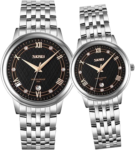 SKMEI Watches for Couples Men and Women His and Hers Pair Watch Set Husband Wife Valentines Matching Wedding Gifts Classic Stainless Luxry Business