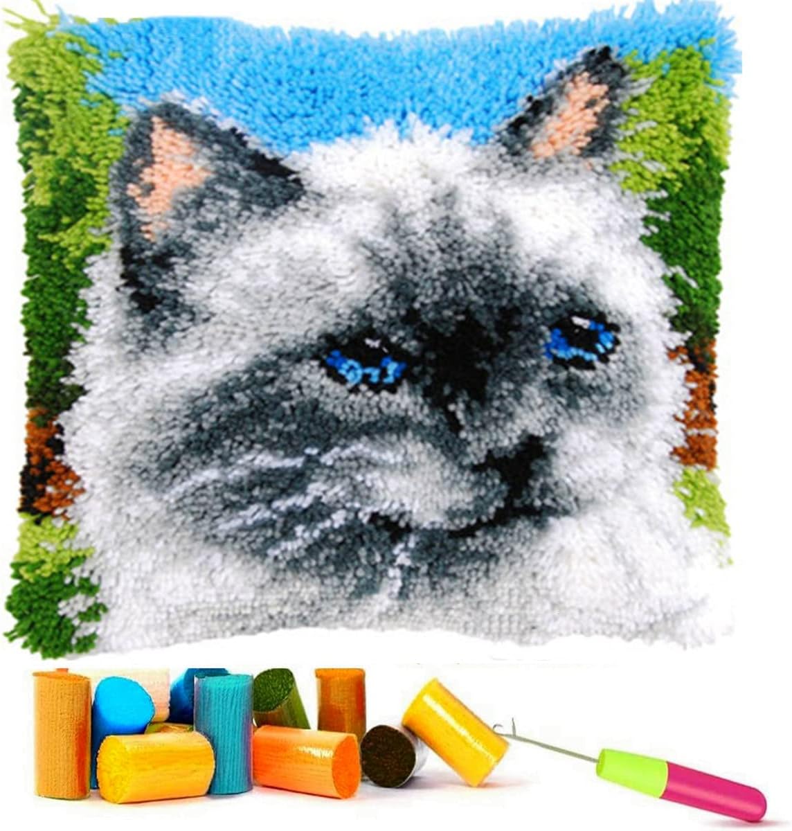 EMISTEM Latch Hook Kits for Adults - Latch Hook Pillow Kits, Crochet Yarn Kit for Beginners, DIY Needlework Crafts Cover Case with Printed Canvas, Gift Packaging. (Blue Eyes Cat,17x17 inch)