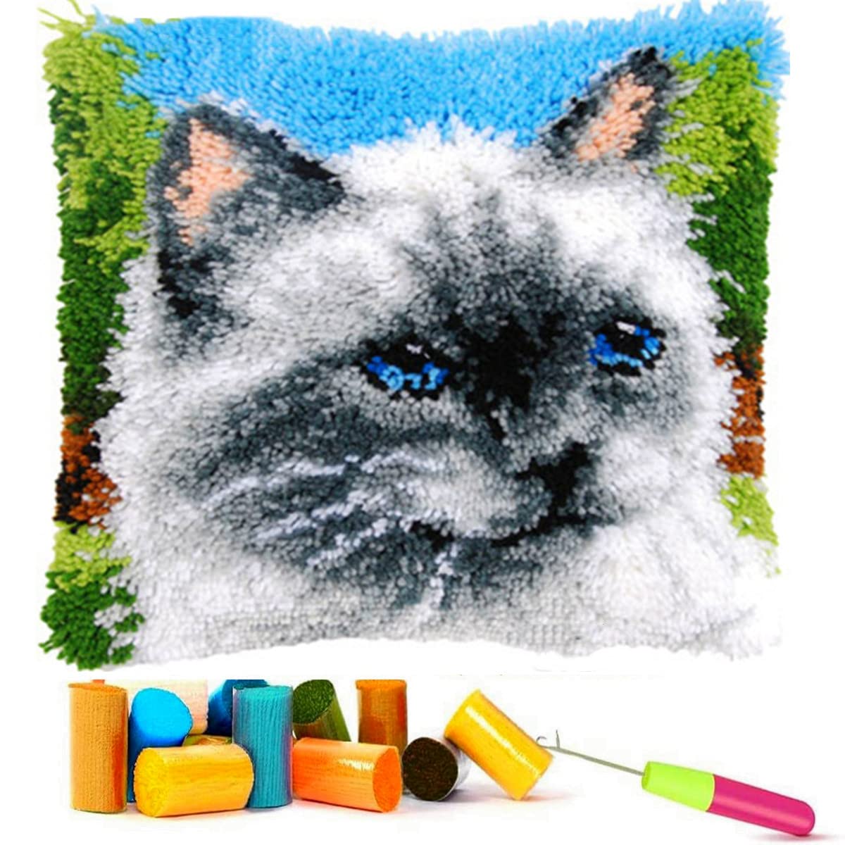EMISTEM Latch Hook Kits for Adults - Latch Hook Pillow Kits, Crochet Yarn Kit for Beginners, DIY Needlework Crafts Cover Case with Printed Canvas, Gift Packaging. (Blue Eyes Cat,17x17 inch)