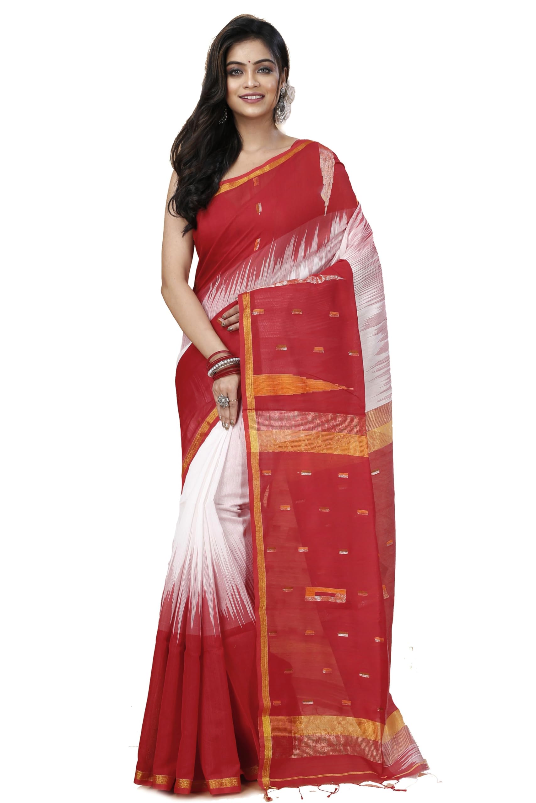 Saree Women's Traditional Bengal Cotton Silk Ikkat Soft Handwork Saree-image-38