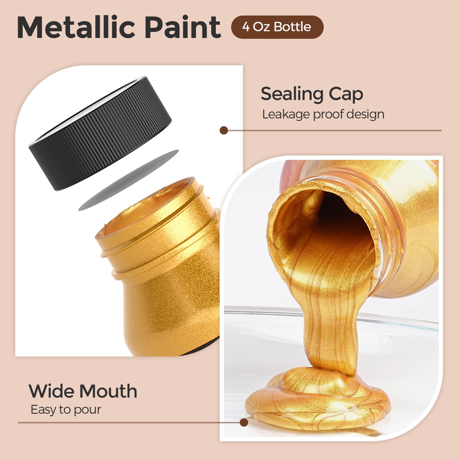 peinture acrylique métallique 120 ml/bouteille, peinture acrylique or & argent & cuivre 3 couleurs, non toxique, pour Métal, Bois, L'Argile, Meubles, Loisirs Créatifs et Fournitures Artistiques