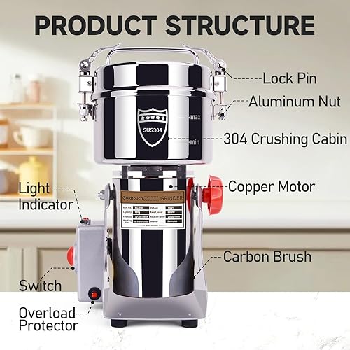 Miniatura 24 de Goldtouch Molinillo de grano de 5.29 oz, molinillo eléctrico de grano de acero inoxidable de 1500 W, máquina pulverizadora de polvo de alta