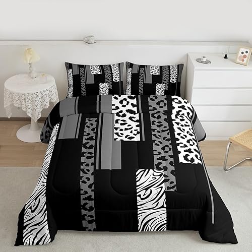 Miniatura 2 de Feelyou Juego de edredón de cebra de leopardo, tamaño queen, para niños, gris, blanco, negro, para niños, adolescentes, juego de ropa de cama con
