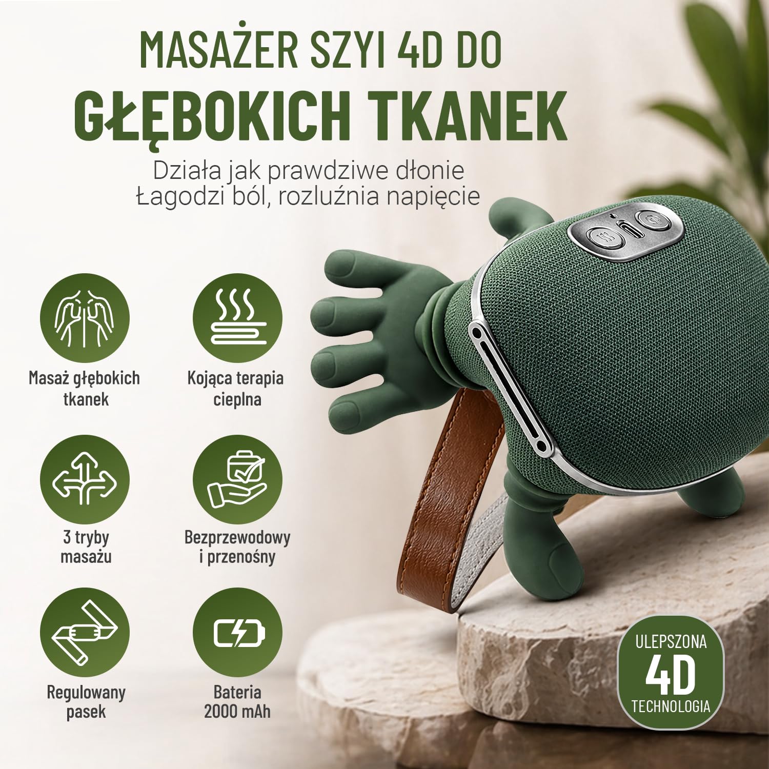 Bezprzewodowy masażer szyi, szyi i szyi, masaż dłoni 4D, 3 poziomy i 2 poziomy temperatury, masaż szyi z ogrzewaniem, prezenty dla rodziny i przyjaciół