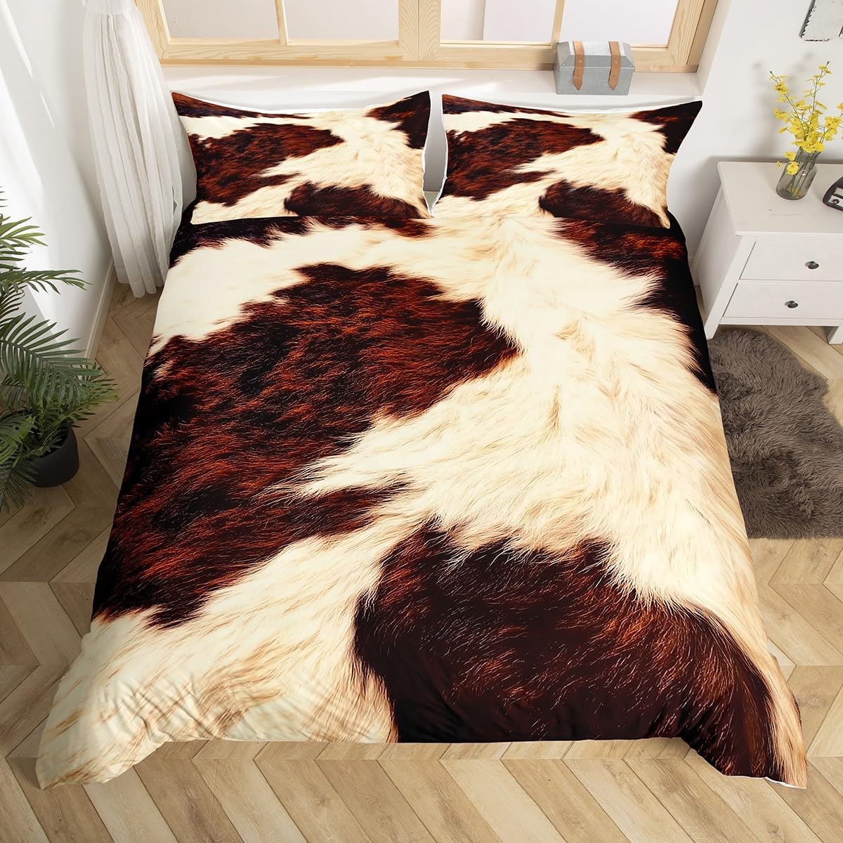 Cow Print Comforter Cover Full,Brown Beige White Western Cowhide Hair Bedding Set Farm Animal Fur Duvet Cover For Kids Teens Men Women,Aztec Rustic Cow Hide Quilt Cover 2 Pillow Cases Home Decor
