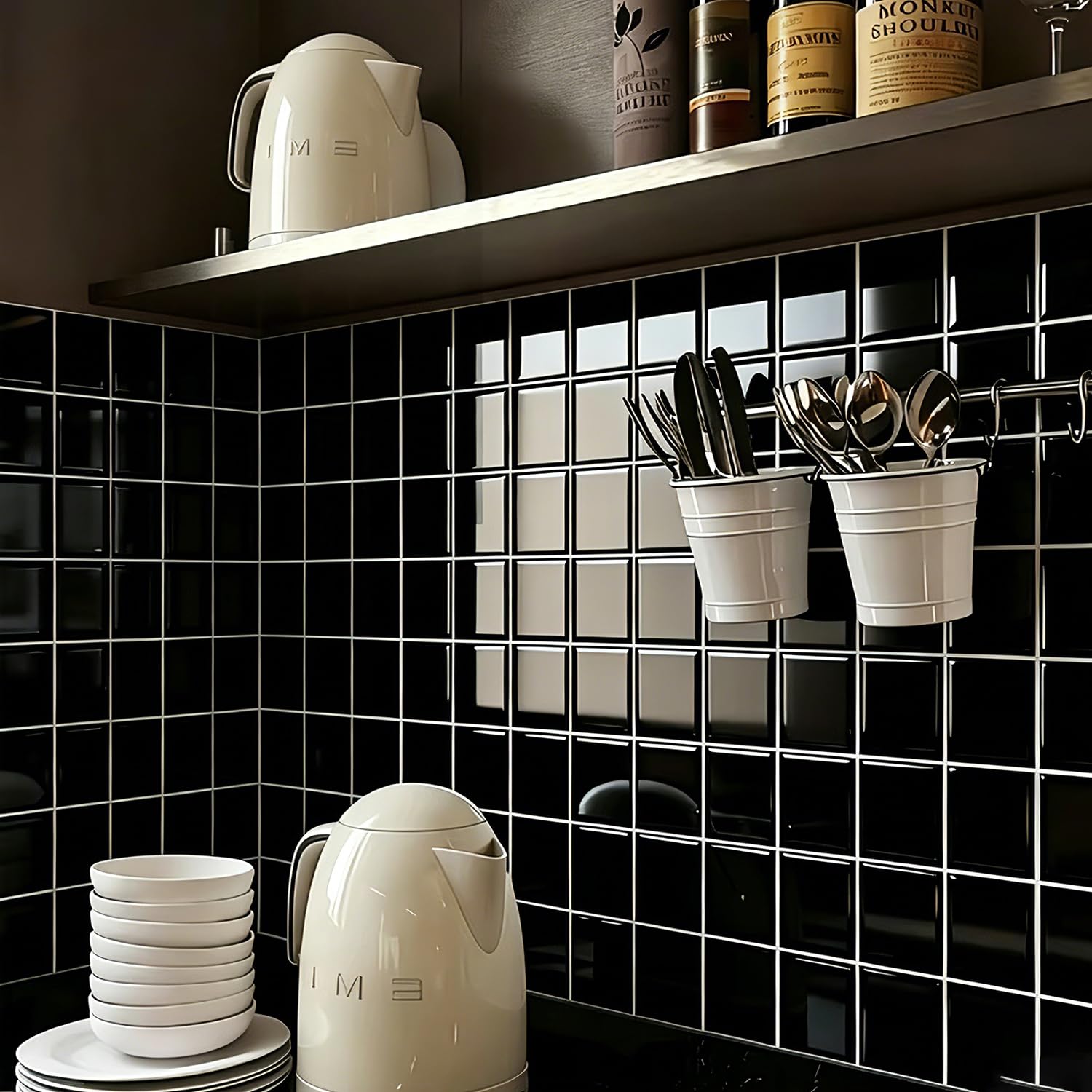 Alwayspon 30x30cmx10Pcs 3D Checkerboard Vinyl Peel and Stick Splashback Wall Tiles Sticker, Self-Adhesive Waterproof Tile Stickers Stick on Tiles for Kitchen Bathroom Wall, Pure Black