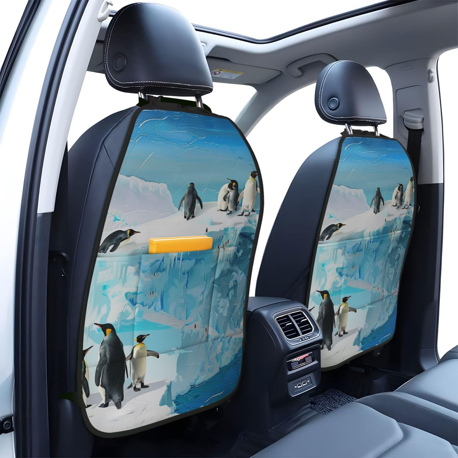 JTNWEC Penguin on The Iceberg Print Car Seat Kick Mats with Organisers 2 Pack Backseat Protector Seat Covers for Your Car, SUV, or Truck