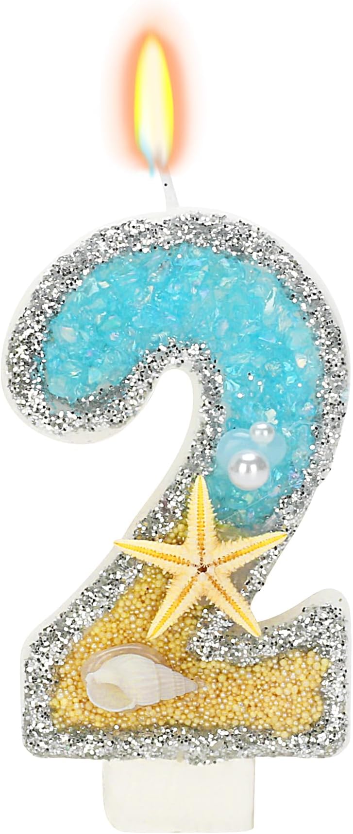 ElekFX 2nd Birthday Number 2 Candle, Beach Starfish Sequins, Unscented, Smokeless, Non-Toxic, Indoor, Birthday & Anniversary Decoration