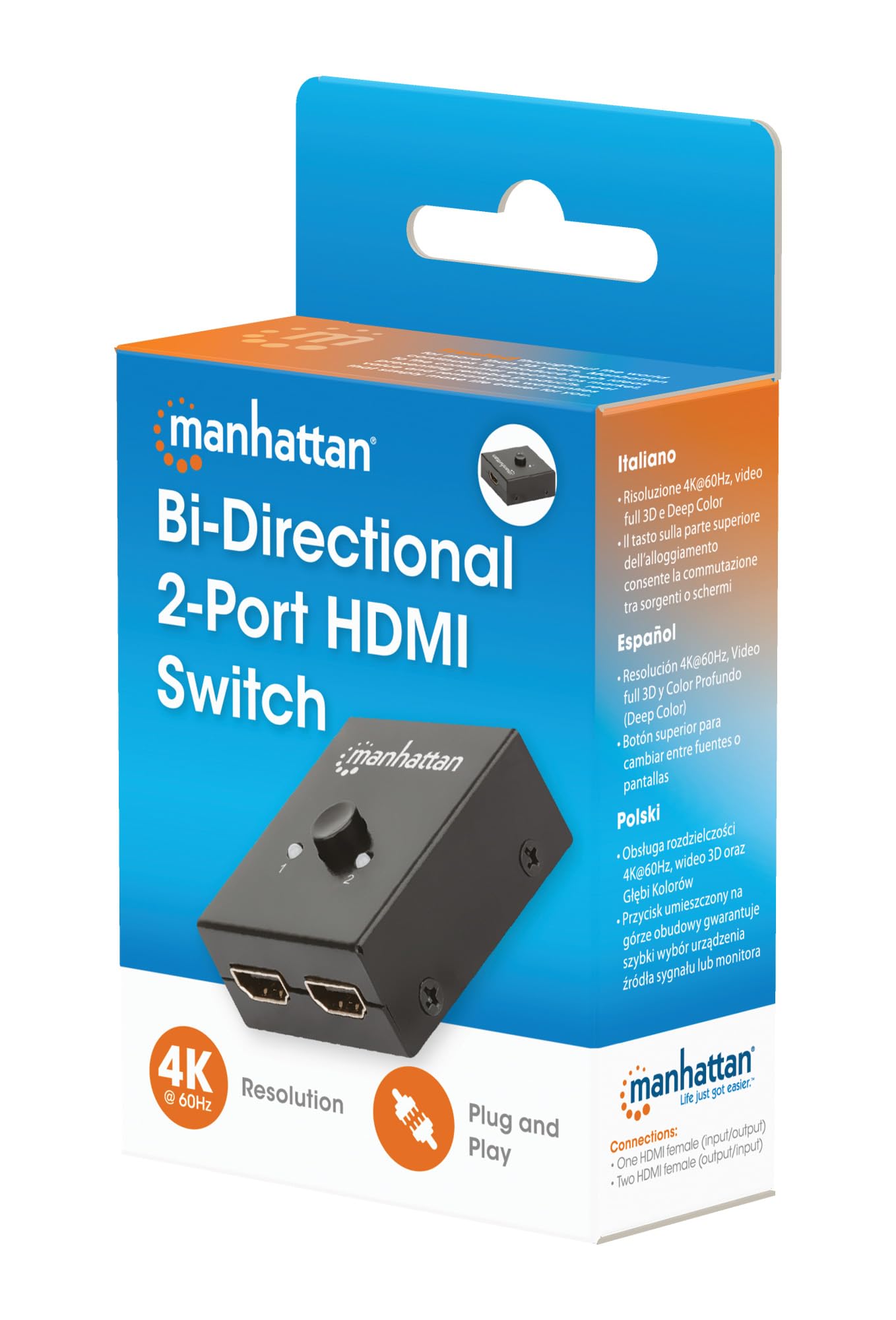 Manhattan 207850 4K bi-direktionaler 2-Port HDMI-Splitter/Switch "4K 30Hz", manuelle Auswahl, passiv Schwarz