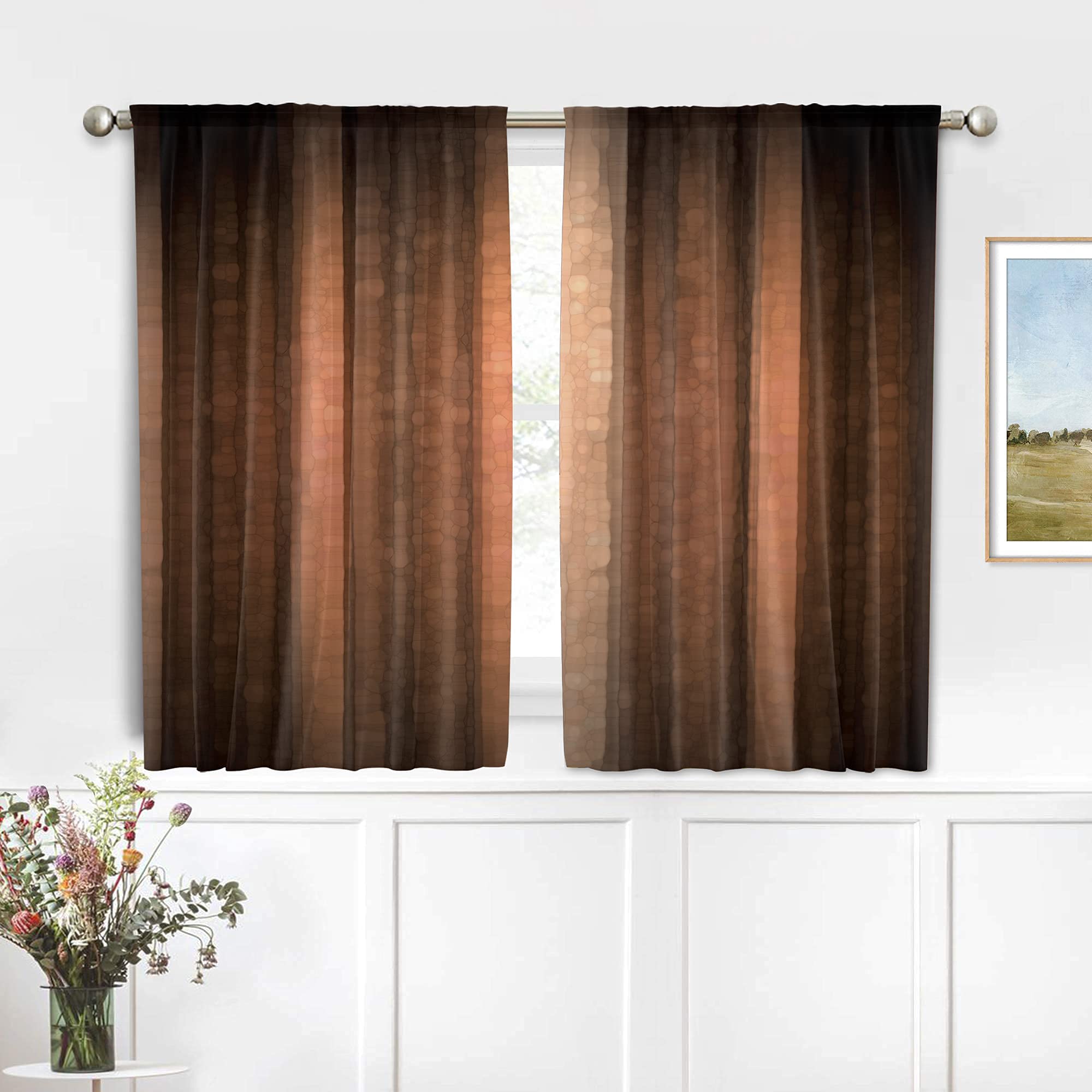 MESHELLY Brown Earth Stripe Kitchen Curtains 27.5W x 39H Inch Rod Pocket Vintage Rust Orange Copper Pale Peach Tan Modern Simple Art Printed Living Room Bedroom Window Drapes Treatment Fabric 2 Panels