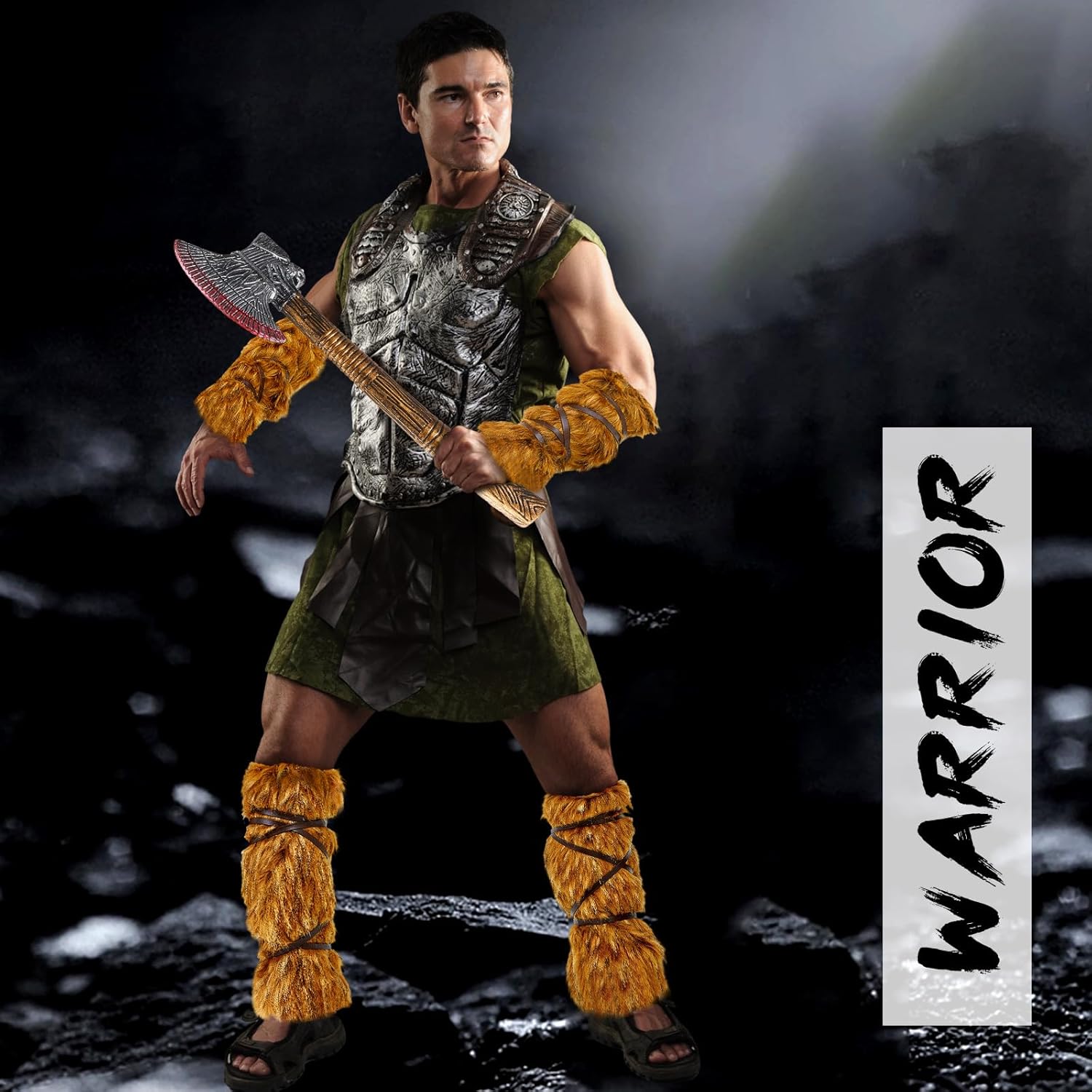 Jecery 3 Pcs Halloween Viking Costume Includes Faux Fur Leg Warmers Faux Fur Arm Warmers with PU Strap Foam Viking Axe for Women Men Cosplay Party - Image 5