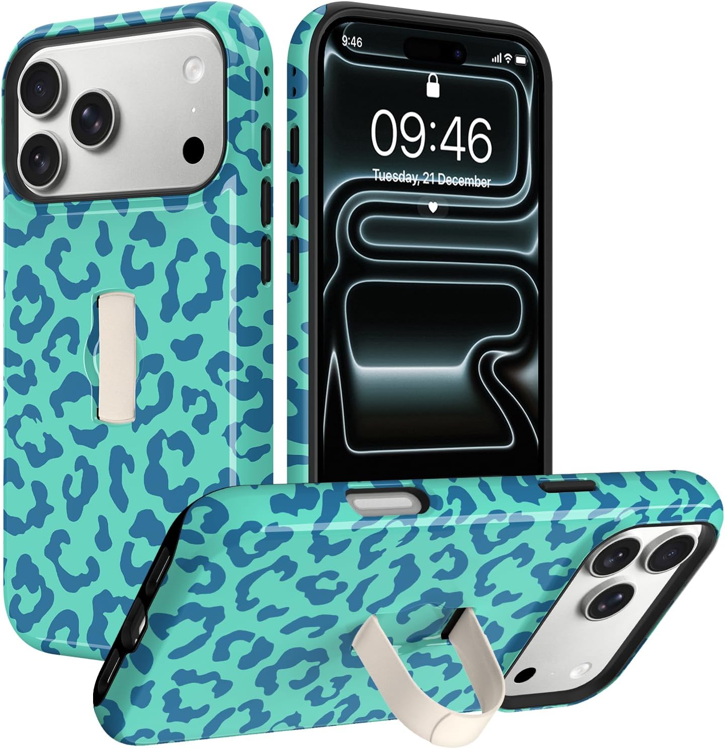 MOWIME Compatible with iPhone 17 Pro Max Case with Finger Strap, Blue Cheetah Leopard Print Pattern for Women Girls, Slim Shockproof Anti-Scratch Silicone TPU Case for iPhone 17 Pro Max 6.9 Inch