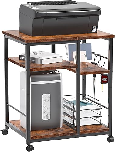 Miniatura 8 de Furologee Soporte de impresora de 3 niveles para organización de oficina en casa, carrito de impresora móvil con ruedas y 2 ganchos, estante debajo