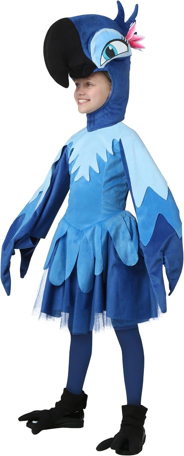 Child Rio Jewel Costume - Spix Macaw Dress with Wing Sleeves, Headpiece, Foot Covers