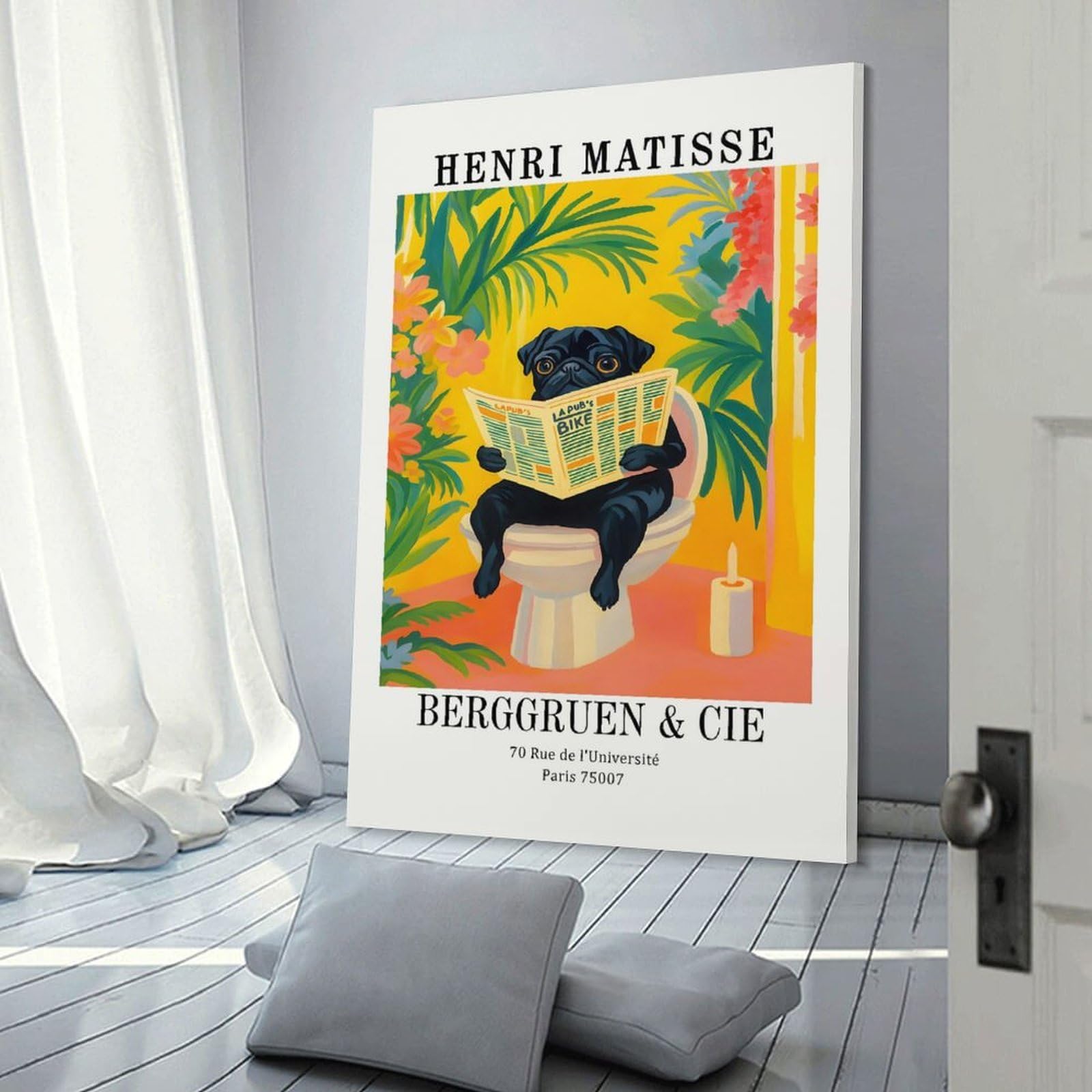 Junmoney Wall Art Print Pug Reading Newspaper on Toilet Art, 20x30inch(50x75cm), for Home Lounge, Bedroom Or Reading Nook, Canvas Styling for A Polished Room Look