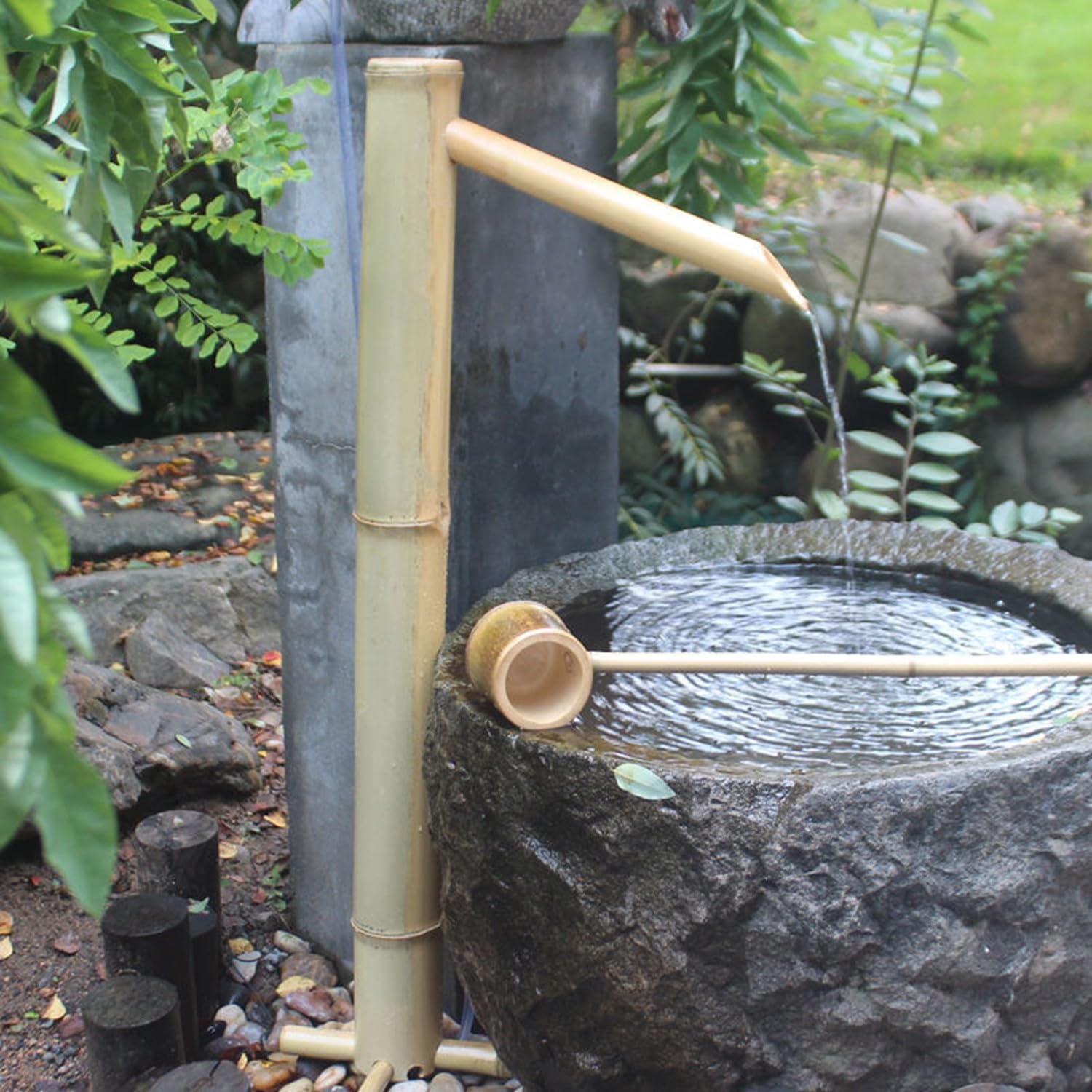 Kit Fontana Di Bambù,Fontana Zen Da Esterno In Bambù Con Pompa E Cucchiaio Caratteristica Dell'acqua Di Bambù Decorazione Del Giardino Giapponese Per Stagni,Giardini,Prati,H90cm,Senza Conte