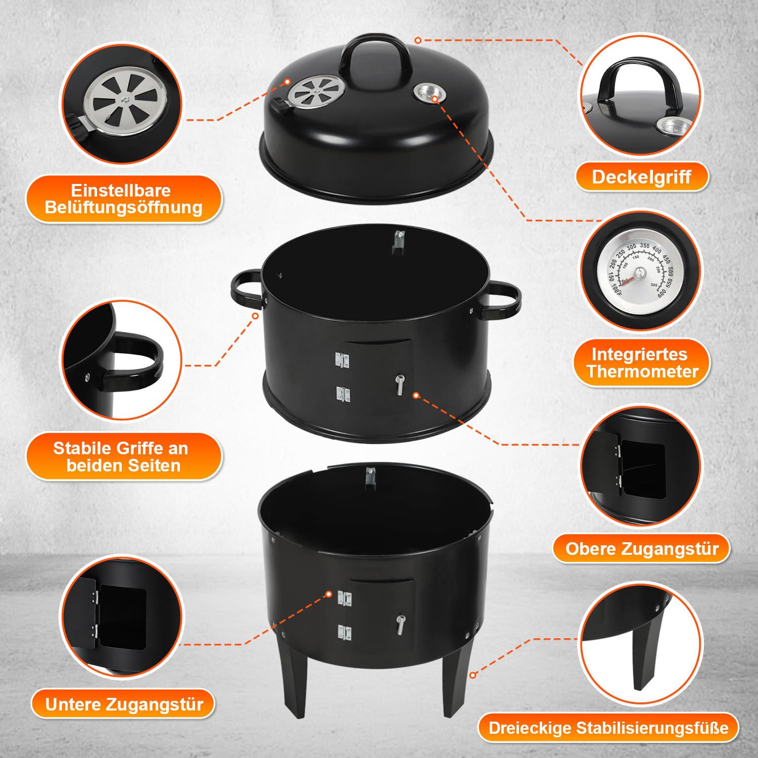3 in 1 Räucherofen Smoker Grill mit Thermometer, Holzkohle Räuchertonne mit 2 Türen, 2 Ebenen & regulierbarer Lüftungsklappe, kompakter BBQ Holzkohlegrill für Garten, Balkon & Camping