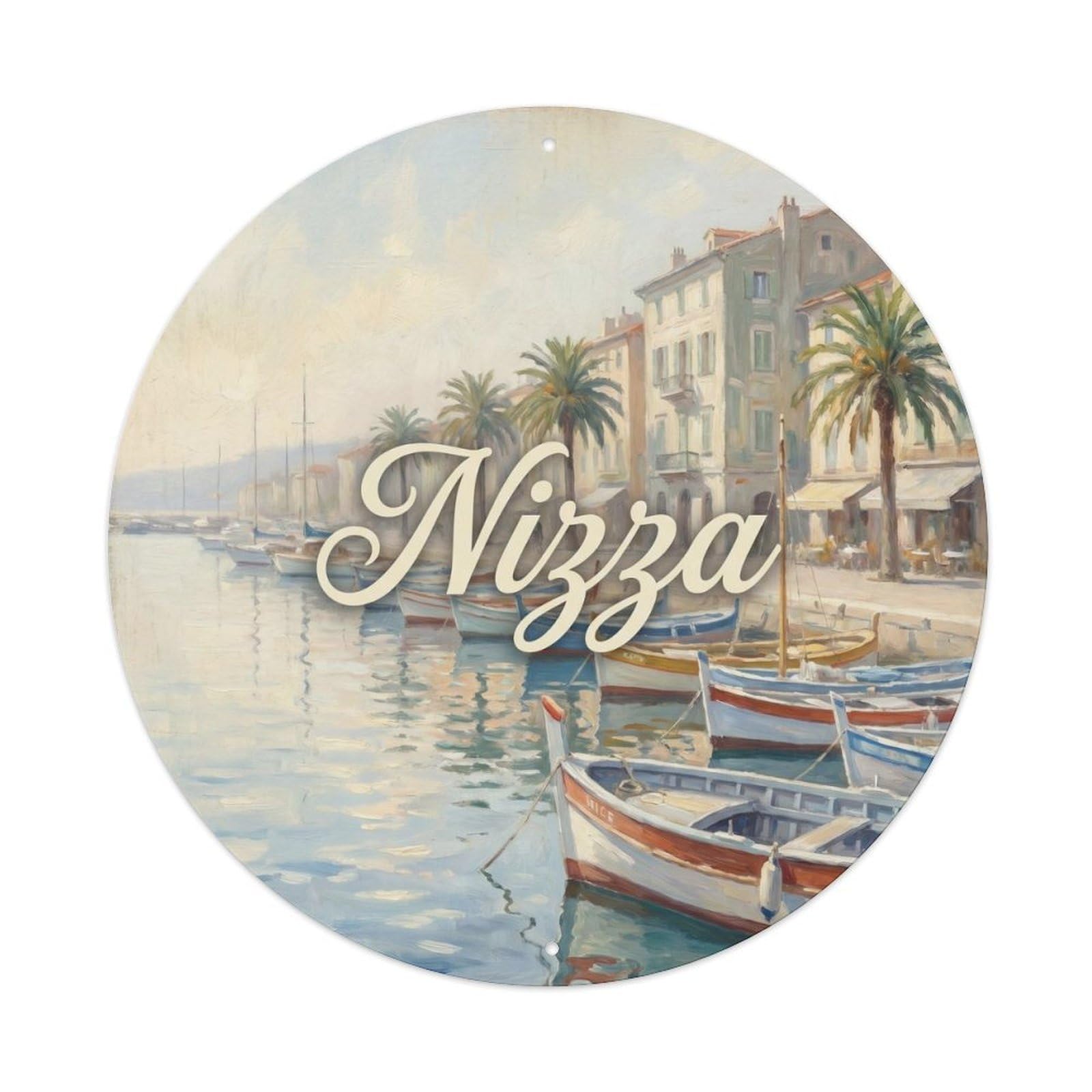 Nizza French Riviera Harbor Boats Impressionist Travel Metal Tin Sign Plaque Wall Decor for Cafe, Man Cave, Club Bar, Office, Home Garden Round Metal Poster 8x8Inch