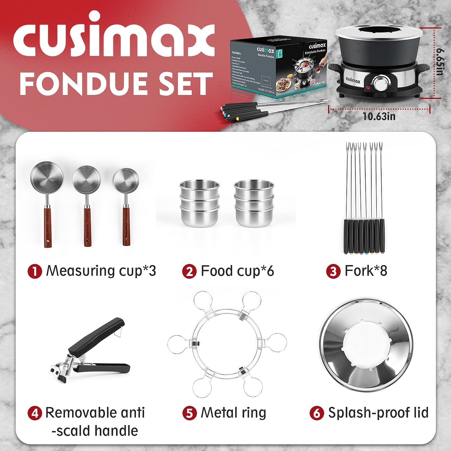Cusimax 1300W Electric Fondue Set,2L Non-stick Pot Ideal for Melting Cheese,Chocolate,Oil,or Broth,Includes 8 Forks, 6 Food Cups,Removable Handle,and Measuring Cup for Enjoying Fondue Pot Parties