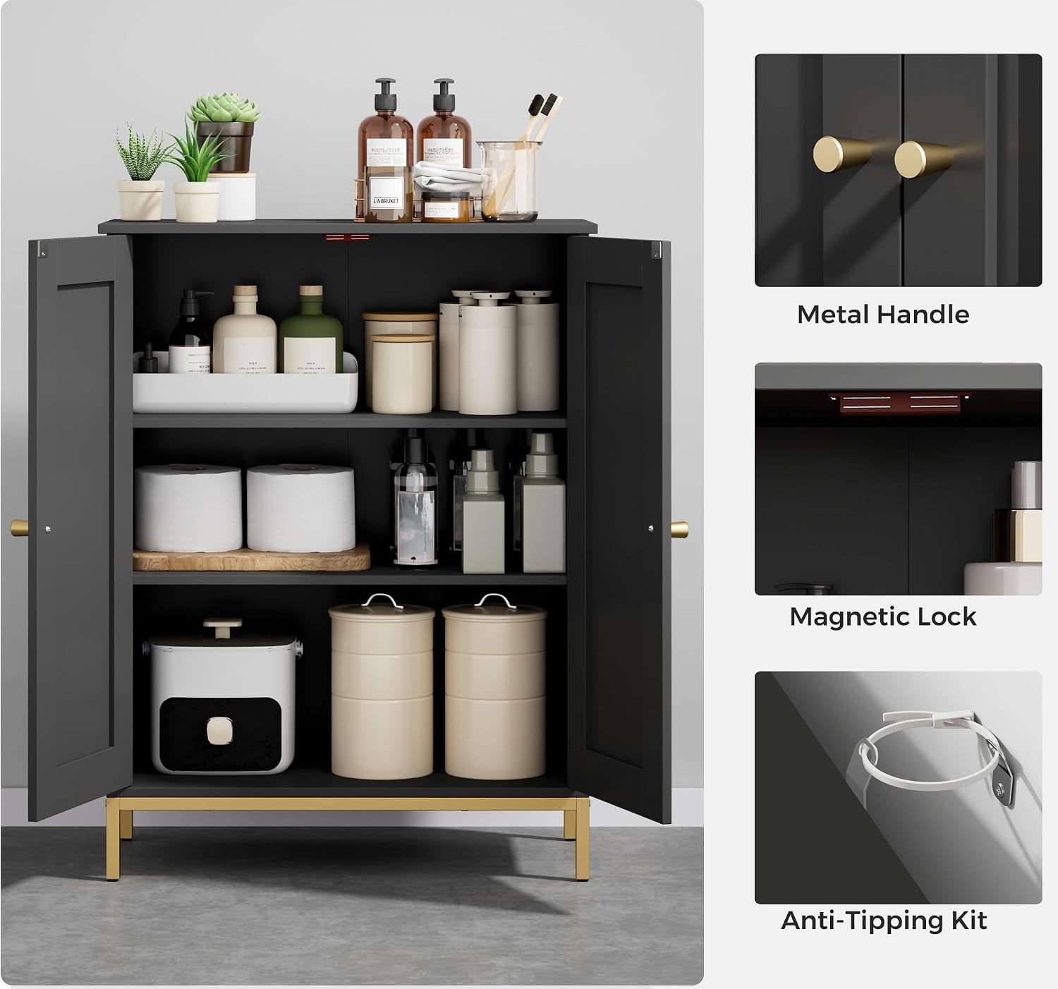 Homhedy Bathroom Storage Cabinet, Freestanding Floor Cabinet Organizer with 2 Adjustable Shelves, Small Cabinet for Bathroom Living Room Laundry Room, 11.8 x 23.6 x 31.5 Inches, Black