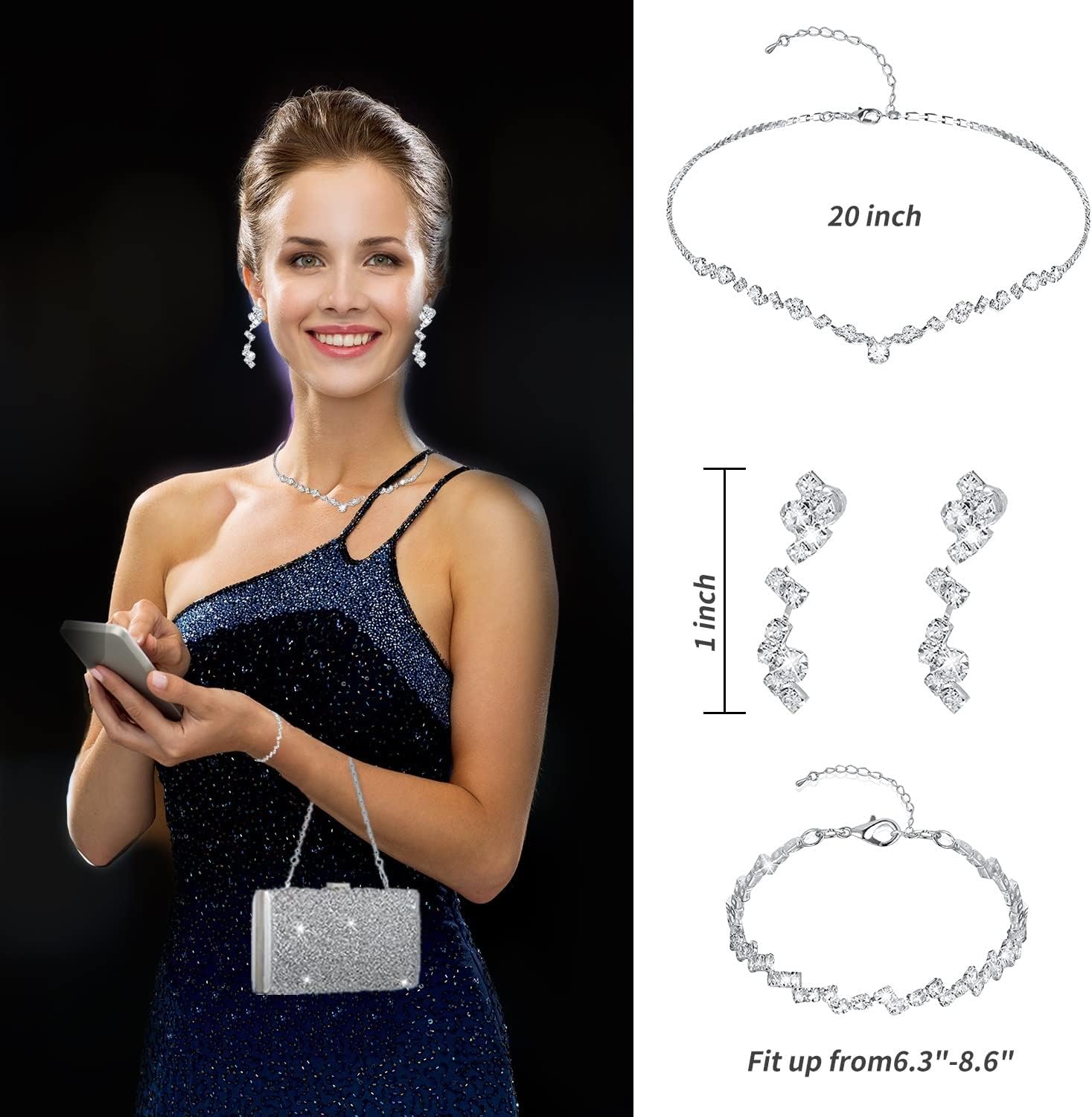 stablerice 4 Pieces Women Rhinestone Evening Clutch Bag Silver Clutch Purses Bag for Women Evening Rhinestone Jewelry Set