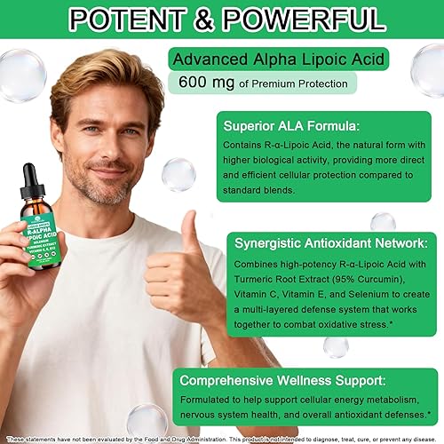 Miniatura 4 de Gotas líquidas de ácido alfa lipoico, suplemento ALA ácido alfa lipoico 600 mg para antioxidantes nervios y apoyo al metabolismo energético, ácido