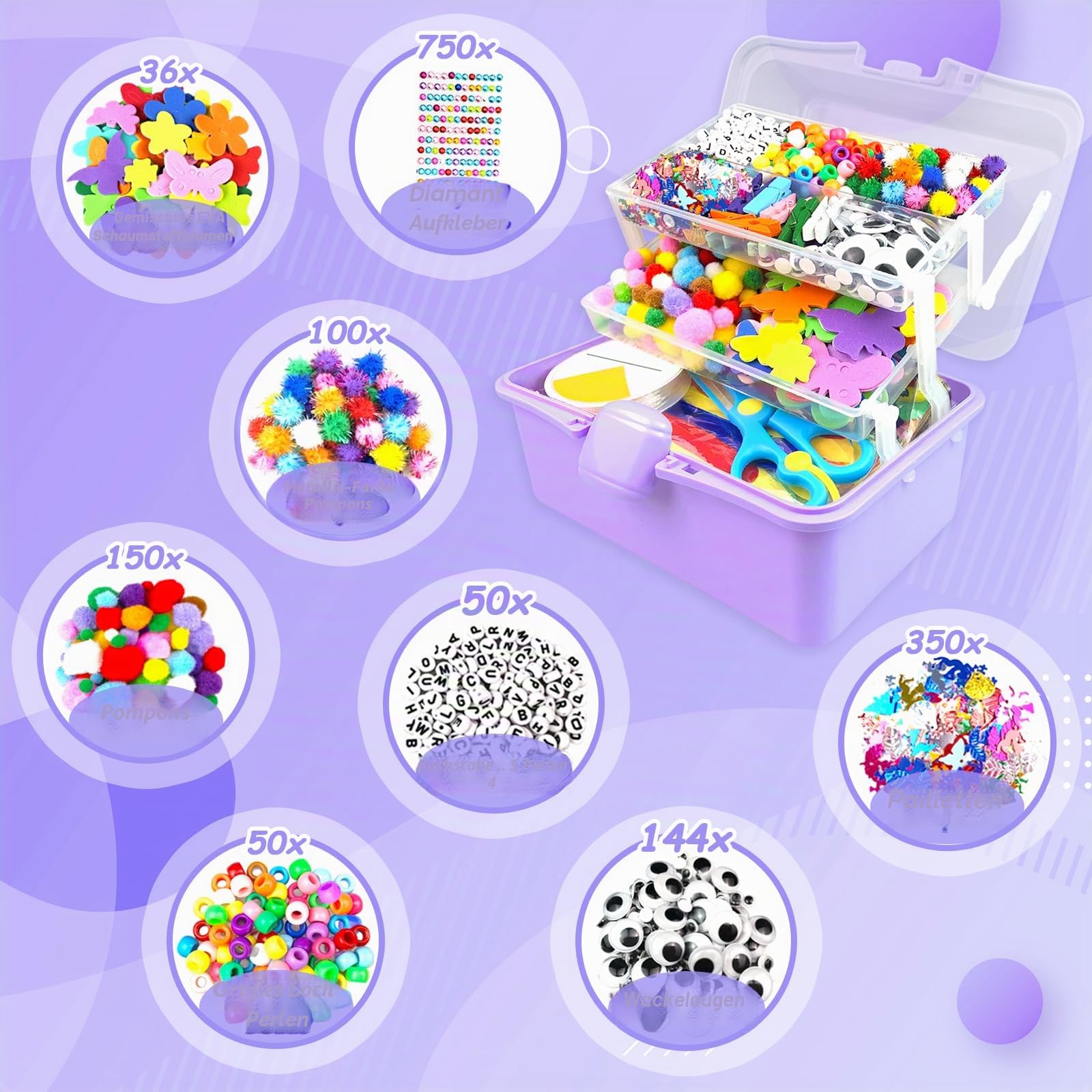 BNUZEIYI Bastelset Kinder – DIY Basteln Bastelkoffer für Kinder 3-Schicht Bastelbox Material Set mit Pfeifenreiniger Schulbedarf Spielzeug Geschenke für Mädchen Jungen 4–8, 8–12 Jahren, Lila