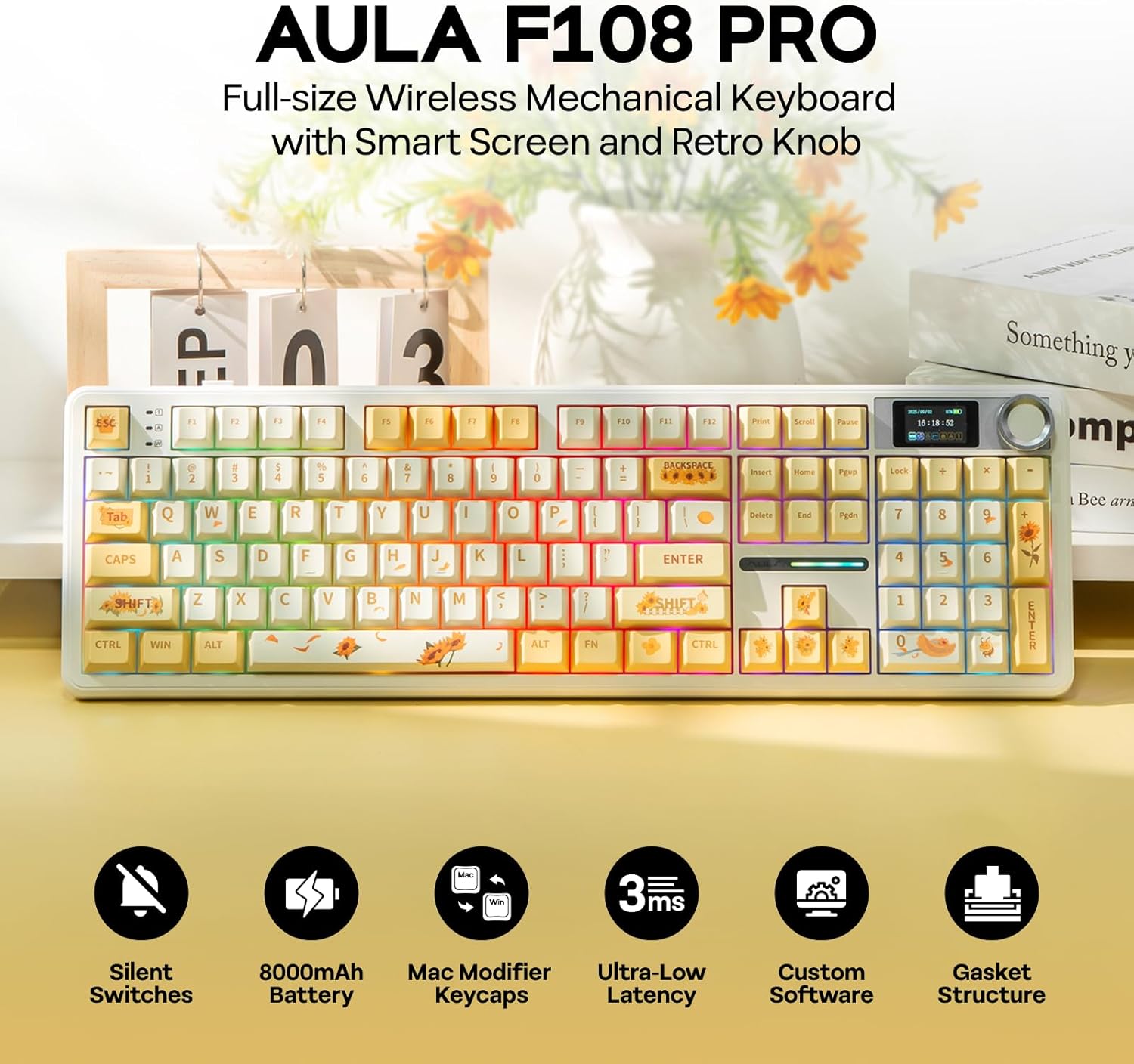 EPOMAKER X Aula F108 PRO Wireless Gaming Keyboard with Screen, 8000mAh Battery, 104 Hot-Swappable and Programmable Keys and Knob, RGB Backlight, for Mac/PC/Android (Grey&Yellow) - Image 2
