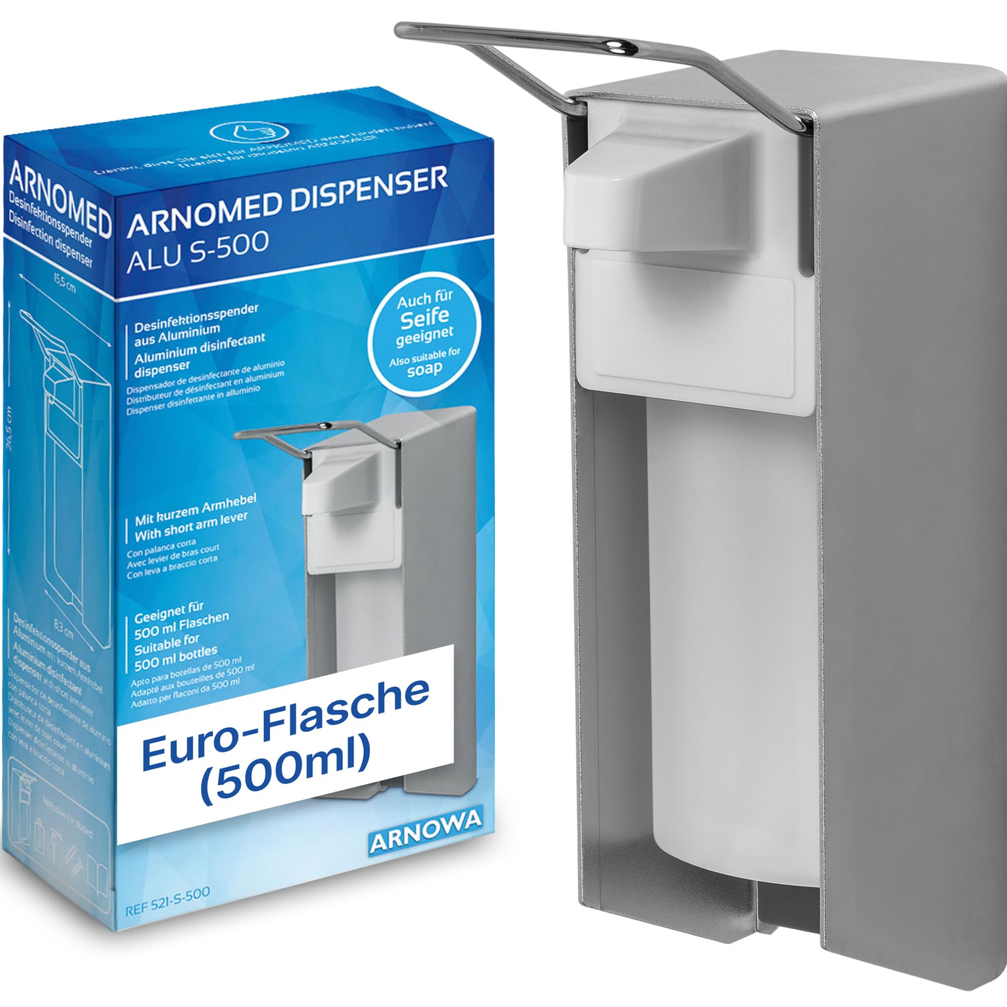 1x ARNOMED Desinfektionsspender Aluminium, Seifenspender für 500ml, kurzer Armhebel, Seifenspender zur Wandbefestigung, Eurospender für Desinfektionsmittel, Soap Dispenser, Desinfektionsmittelspender
