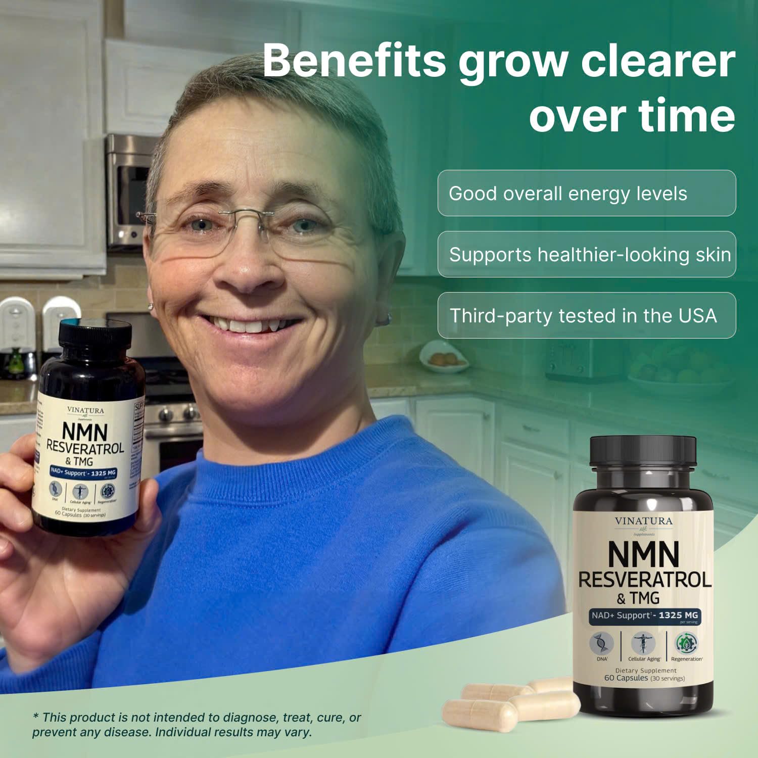 VINATURA NMN Resveratrol Supplement - NMN 1000mg with Resveratrol and TMG Complex, Support NAD+ and Cellular Energy, 60 Capsules — Amazon image 6