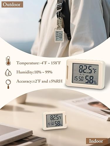 Miniatura 4 de Termómetro digital para habitación interior con reloj, pequeño monitor inteligente de temperatura y humedad con cordón, reloj de viaje con