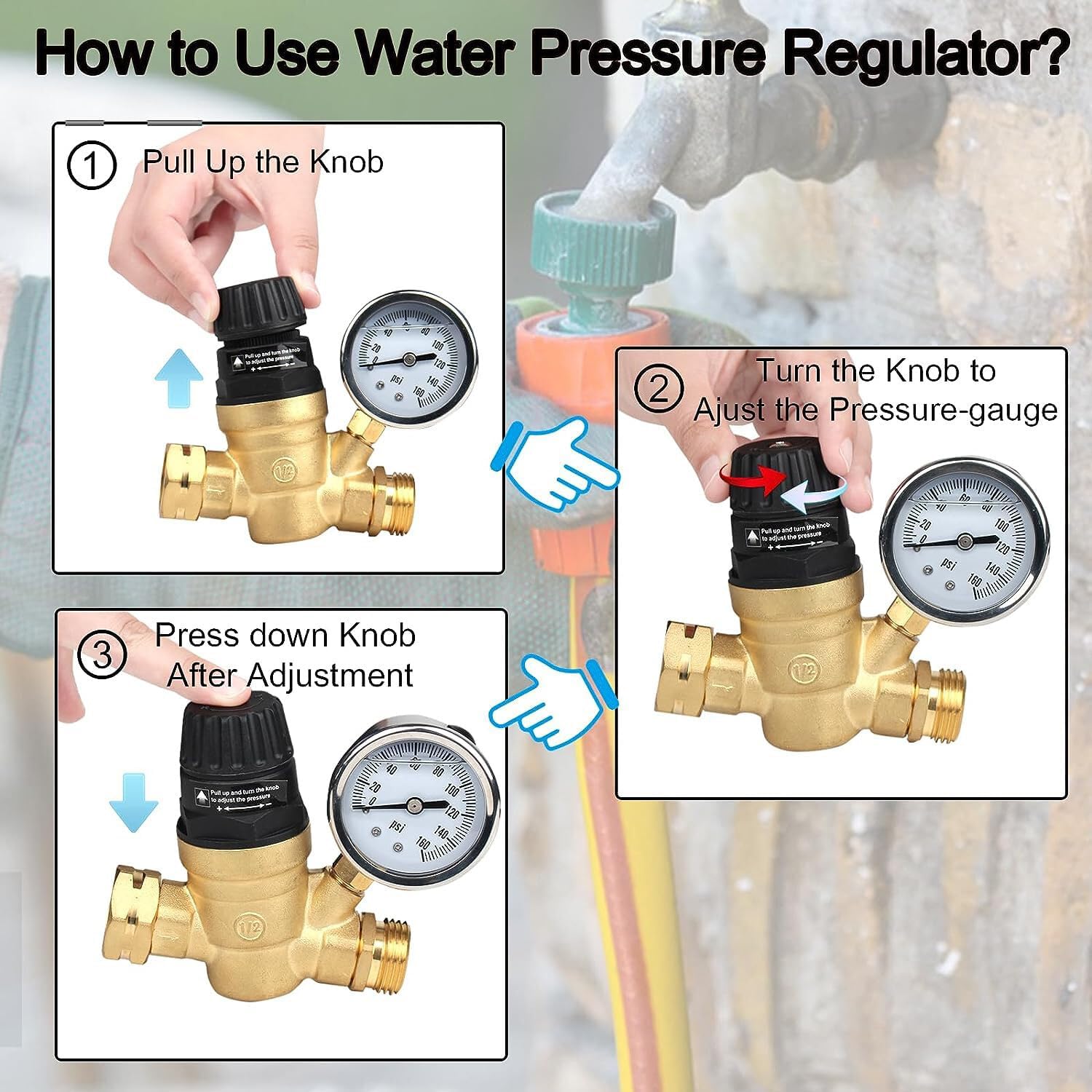 Adjustable RV Water Pressure Regulator with Gauge for Camper, Travel Trailer, Garden Hose, 0-160 PSI, Lead-Free Solid Brass for RV Camper Travel Trailer