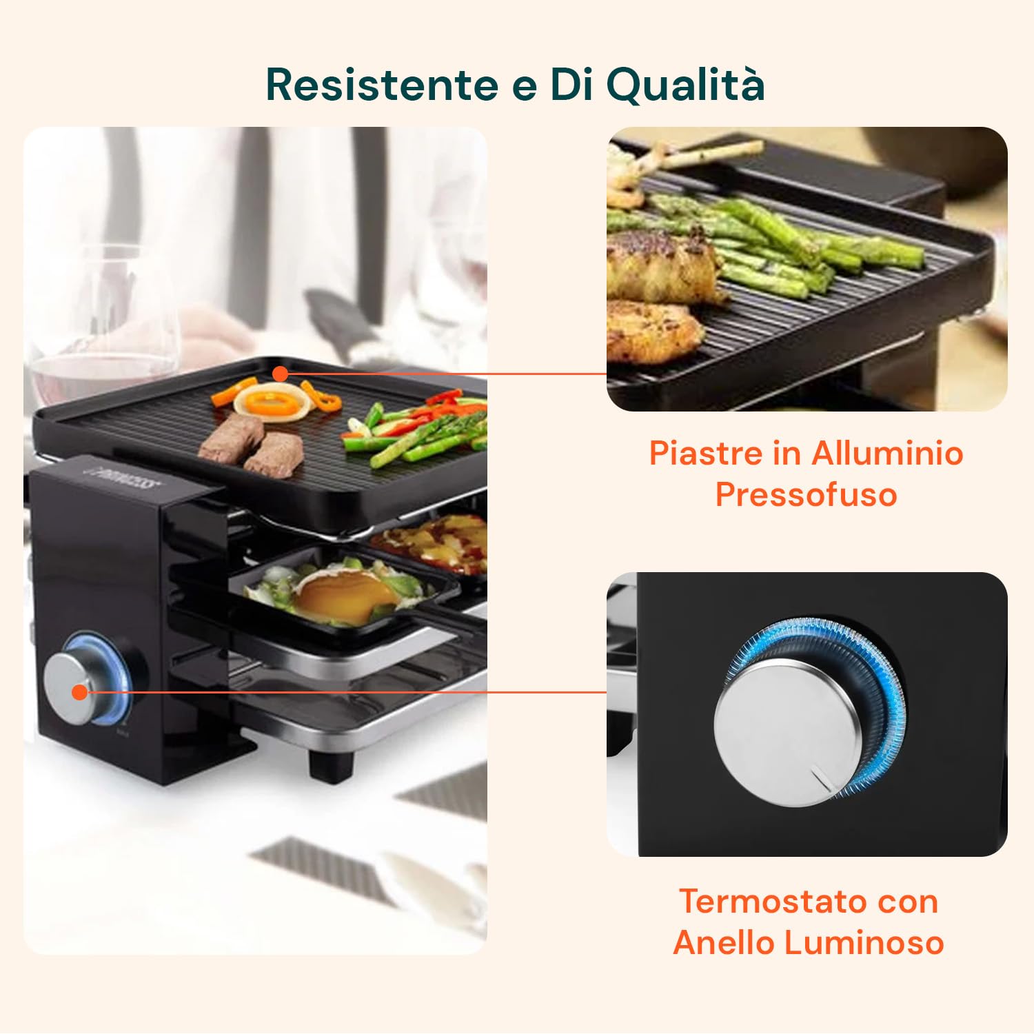 Avilia - Griglia Elettrica Multifunzione 4in1 da 700W con Termostato Regolabile per Carne, Verdure e Formaggi, Raclette da Tavolo con Piastre Antiaderenti e Ponte Parcheggio Compatto