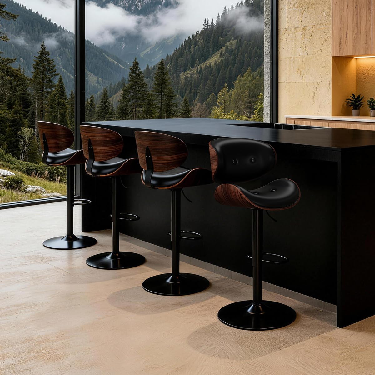Adjustable Swivel Bar Stools Chair,Counter Height Bar Stools with Back,350 LBS PU Leather Bar Stool for Kitchen Island,Upholstered Pub Stools with Footrest (Black, Set of 4)