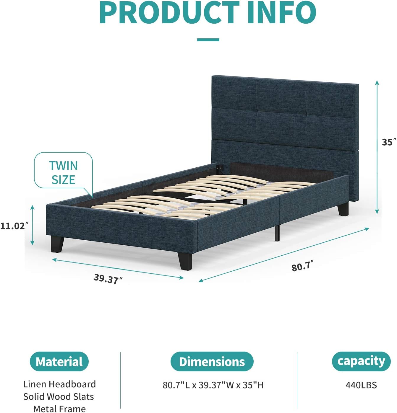 mecor Upholstered Linen Twin Platform Bed - Metal Frame with Tufted Square Stitched Fabric Headboard - Strong Wood Slat Support - No Box Spring Needed, Blue/Twin Size
