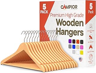 Natural Wooden Hangers 5 Pack – Heavy-Duty with 360° Swivel Hook, Non-Slip, Pants Bar & Shoulder Grooves - Wooden Hangers for Suits, Jackets, Dresses & Camisoles, Space-Saving and Smooth Finish