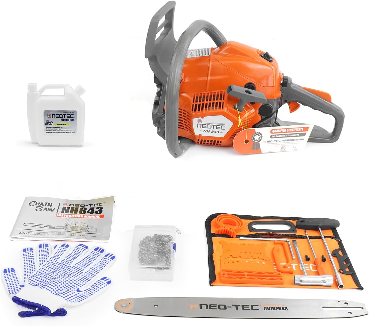 43cc Gas Chainsaw, NH843 Powerhead with 16 Inch Guide Bar and Chain, Power Chain Saw 2.95HP 2,2KW 16" Gasoline Chainsaws