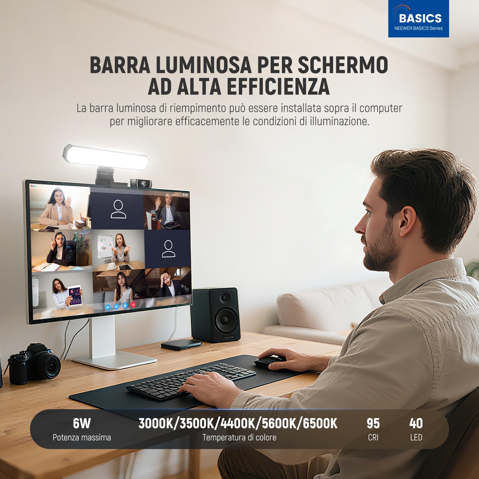 NEEWER BASICS 6W Barra Luce Monitor con Stand/Telecomando/Controllo Touch, Lampada LED Dimmerabile Bicolore per Casa Scrivania Ufficio Videoconferenza Computer Laptop Webcam Zoom Stream Lettura, L10