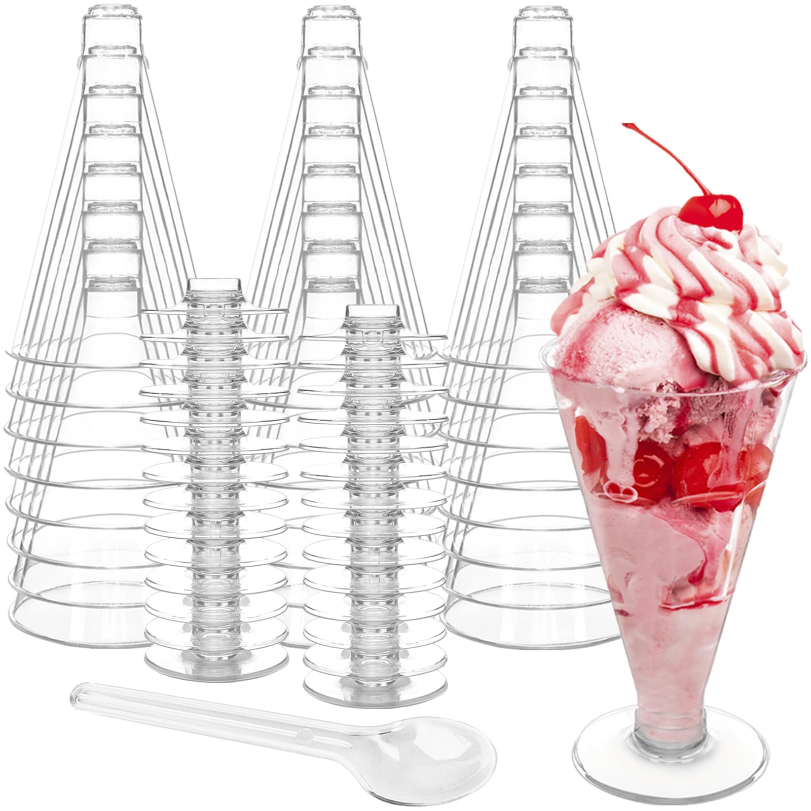 TOFLEN 40 Pack Disposable Plastic Martini Glasses, 6 oz Tall Dessert Cup with Spoons Reusable Cocktail Shooters for Party Wine, Champagne, Parfait,