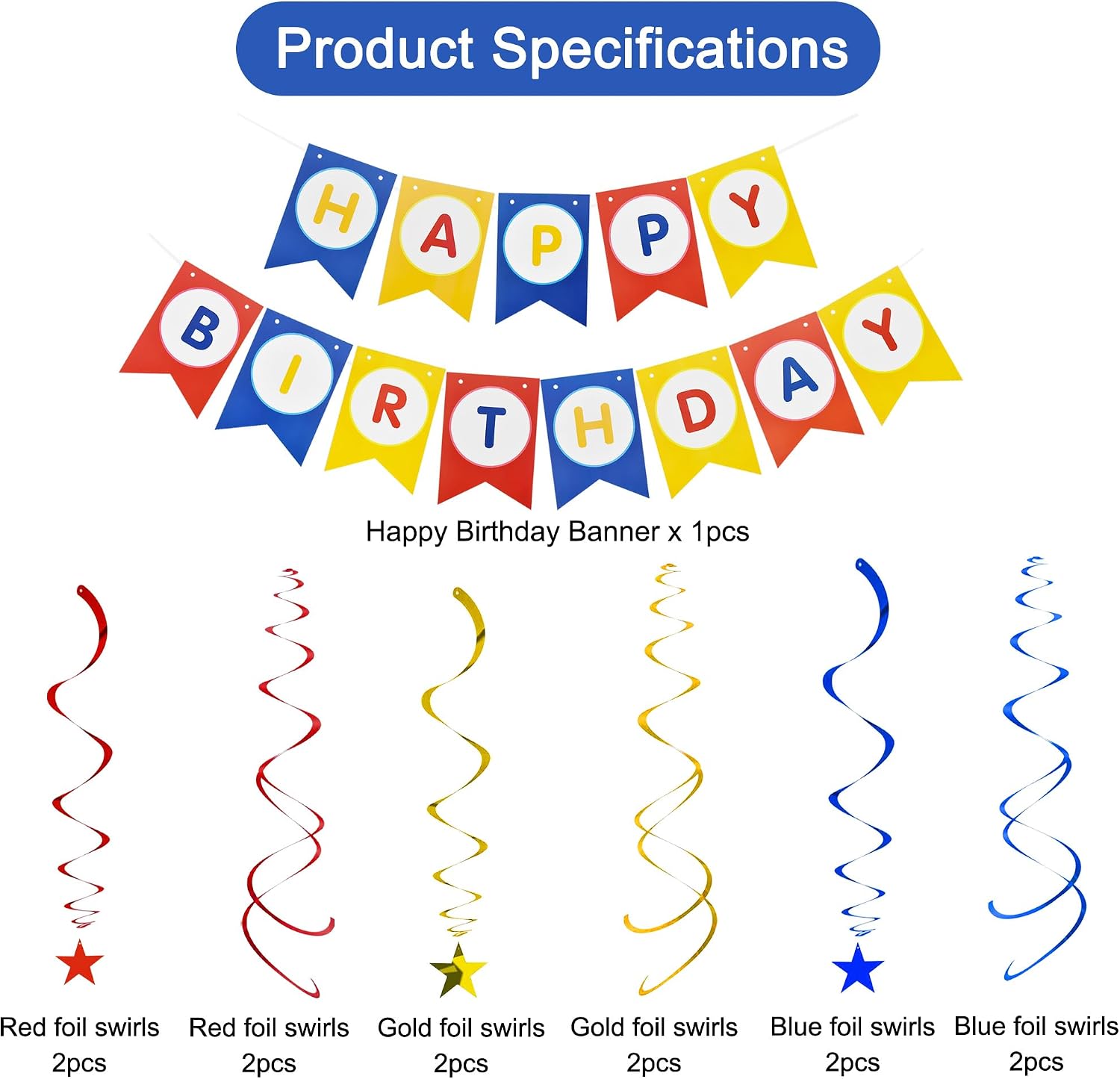 BEISHIDA Red Blue Gold HAPPY BIRTHDAY Banner with 12pcs Red Blue Gold Stars Hanging Swirls Garland Party Decorations Sets for Birthday Party Supplies, Kids Girls Birthday Decorations