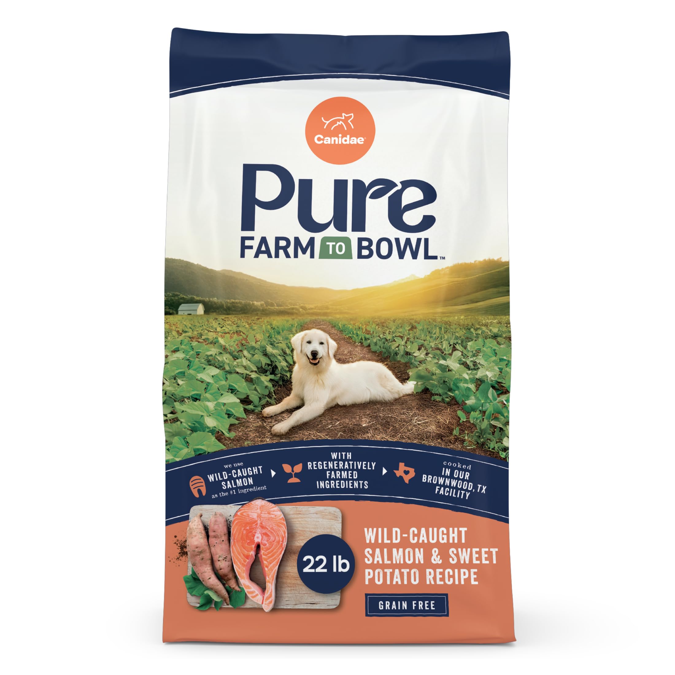 CANIDAE Pure Farm to Bowl, Wild-Caught Salmon & Sweet Potato, 22 lb | Adult Dry Dog Food with Balanced Nutrition, Protein Rich, Limited-Ingredient Formula, Free from Grain, Wheat, and Soy, Salmon & Sweet Potato, 22 Pound (Pack of 1)