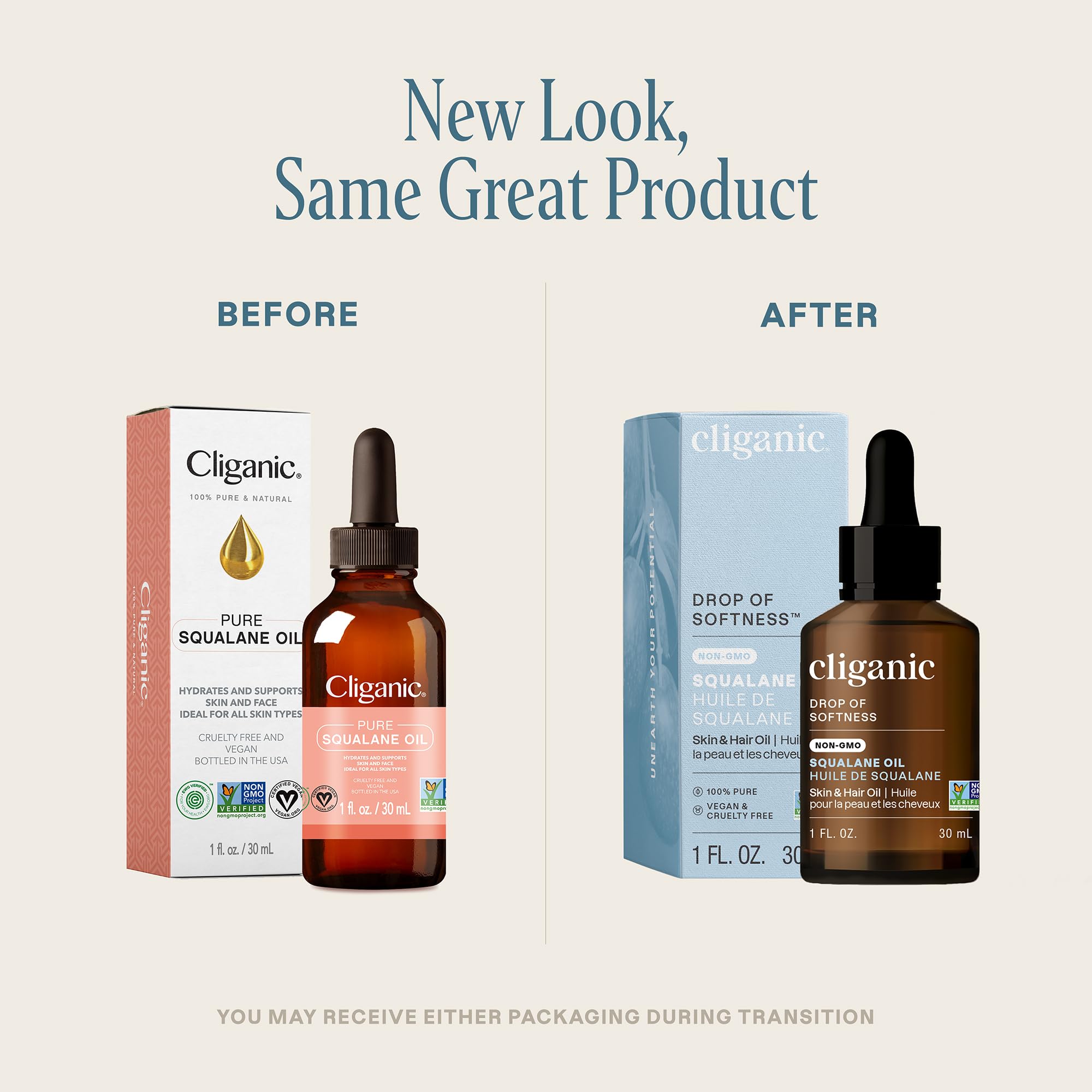 Cliganic Pure Squalane Oil for Skin & Hair (1oz) - Non-GMO Verified, Natural Plant-Derived Face Moisturizer