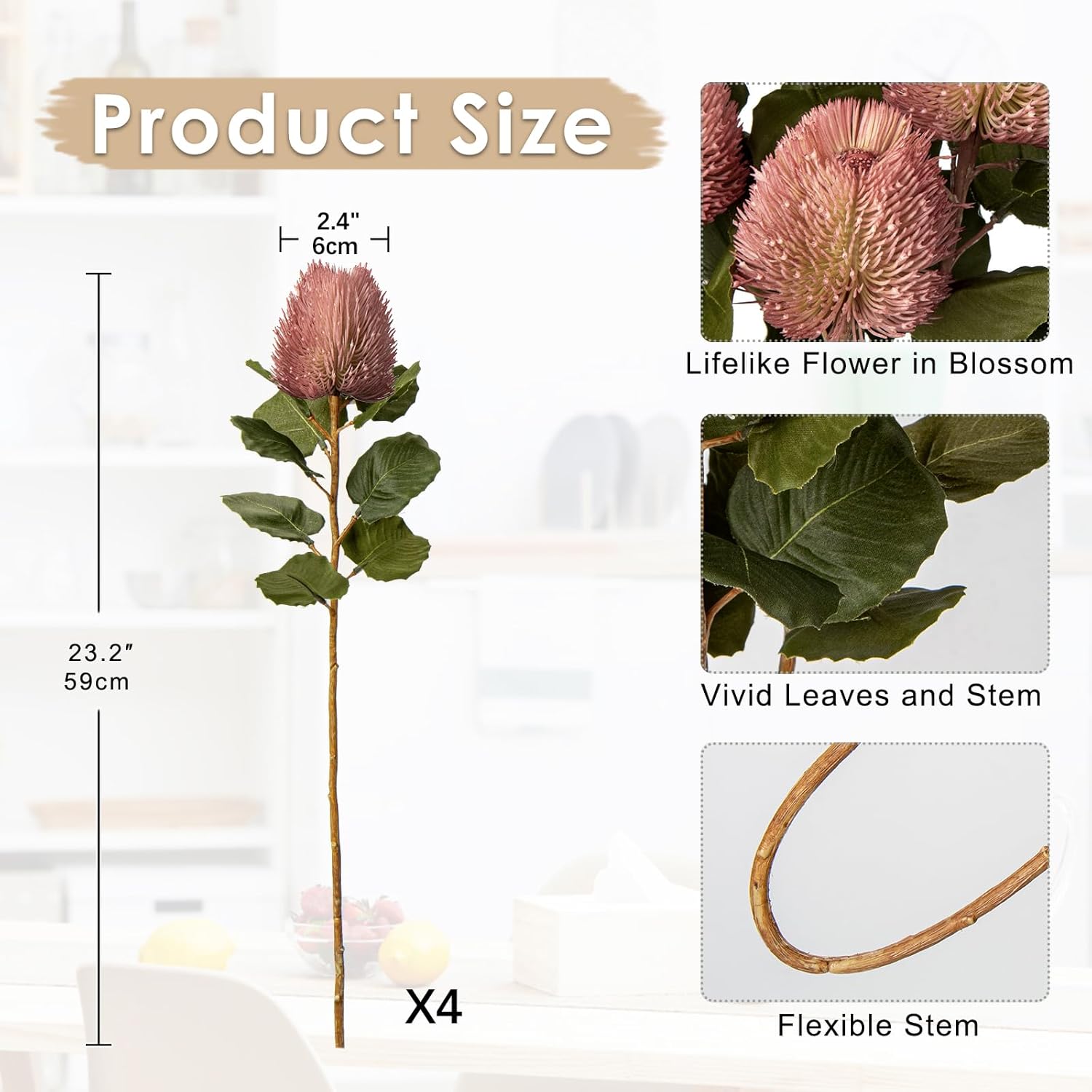 4Pcs Artificial Flowers Bouquets 23 Inch Fake Fall Flower Pink Long Stem Autumn Faux Banksia Flowers Floral Arrangements for Home Bedroom Table Wedding Party Boho Decor - Image 2