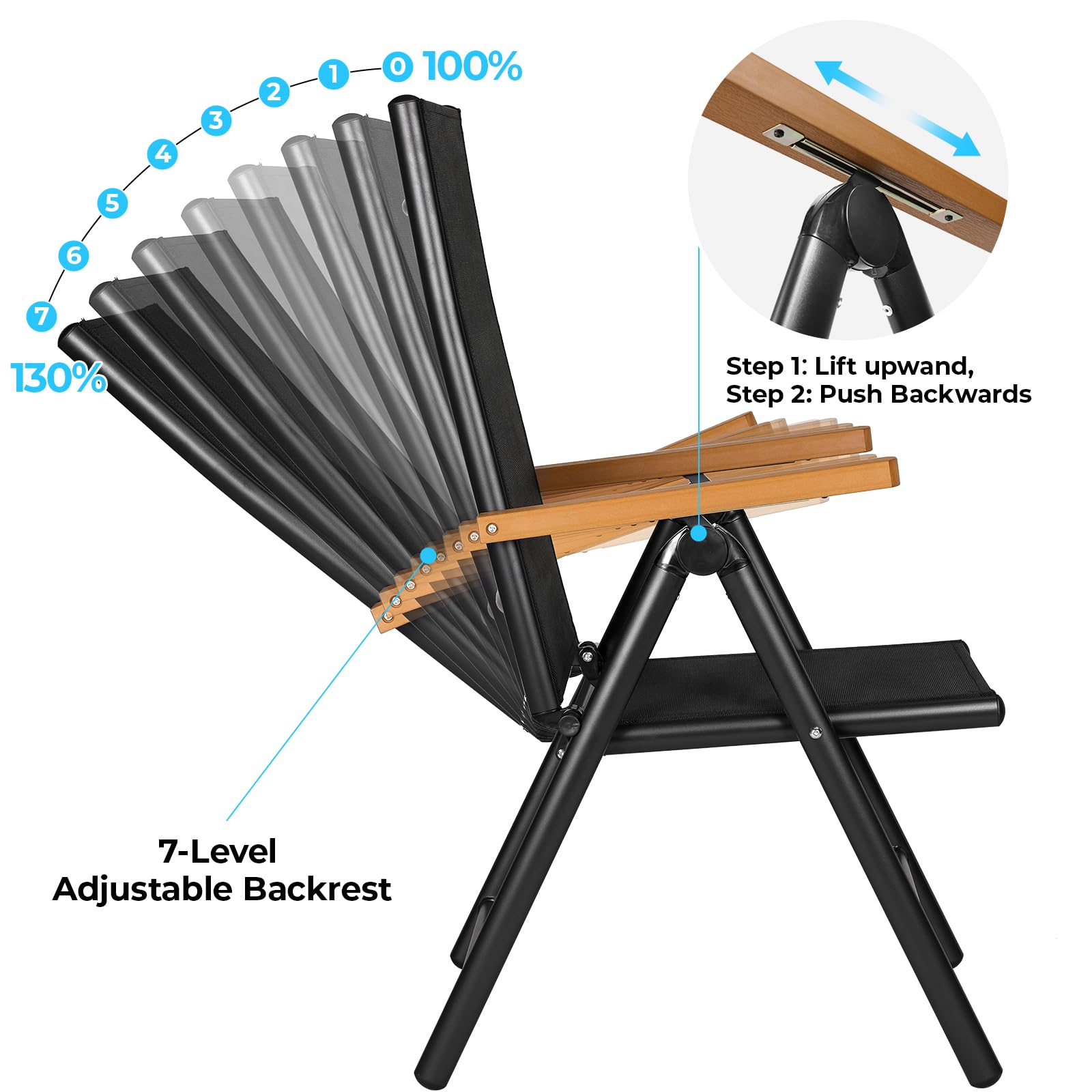LIFERUN Juego de 2 Sillas de Jardín Plegables de Aluminio con Reposabrazos Imitación Madera, Respaldo Alto Ajustable 7 Posiciones, Transpirables, Portátiles, Silla Exterior de Camping para Terraza