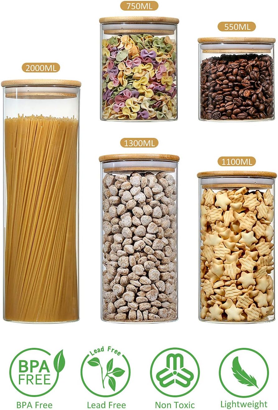Aitsite Stackable Kitchen Canisters Set, Clear Glass Jars for Home Kitchen, Upgrade Thicken Airtight Food Storage jars with Wood Bamboo Clamp Lids for Spaghetti, Flour, Coffee, Sugar, pasta, 5 Pack