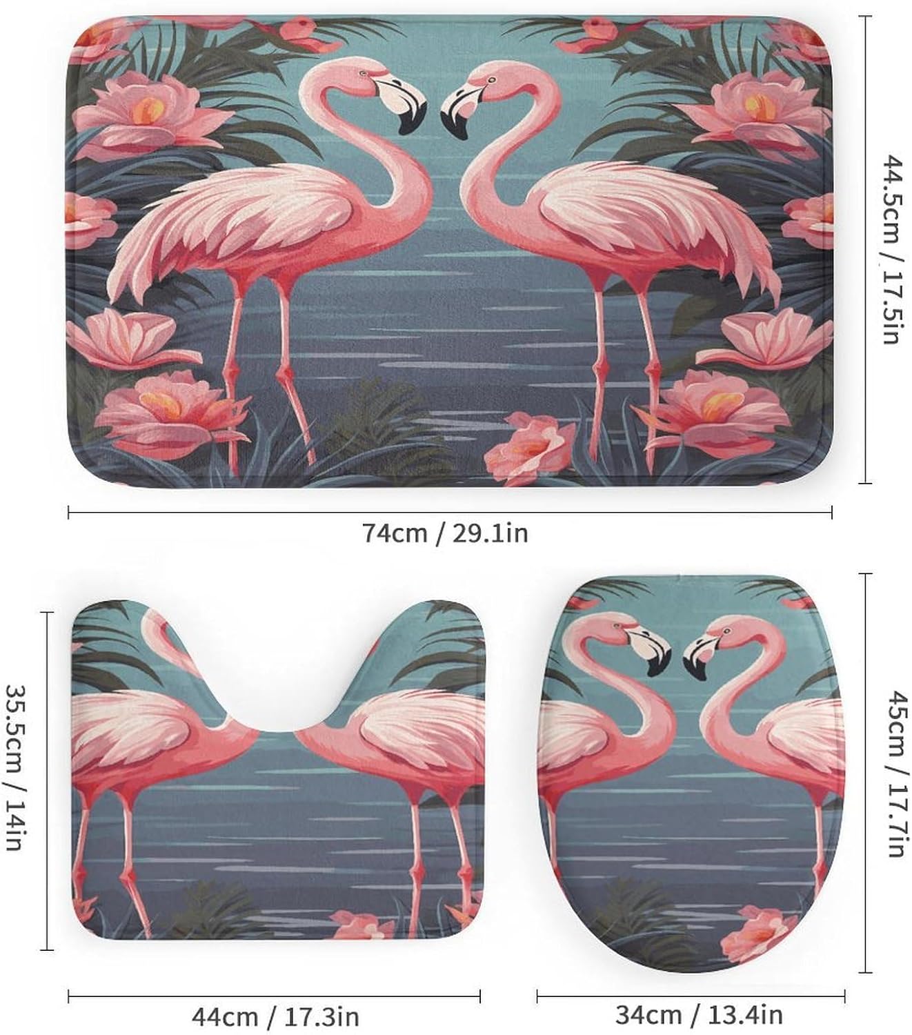 Flock of Tropical Flamingos 4Pcs Shower Curtain Set with Non-Slip Rugs, Toilet Lid Cover and Bath Mat,Bathroom Set Decor Accessories,Curtain Set with 12 Hooks, 72 X 72 Inch