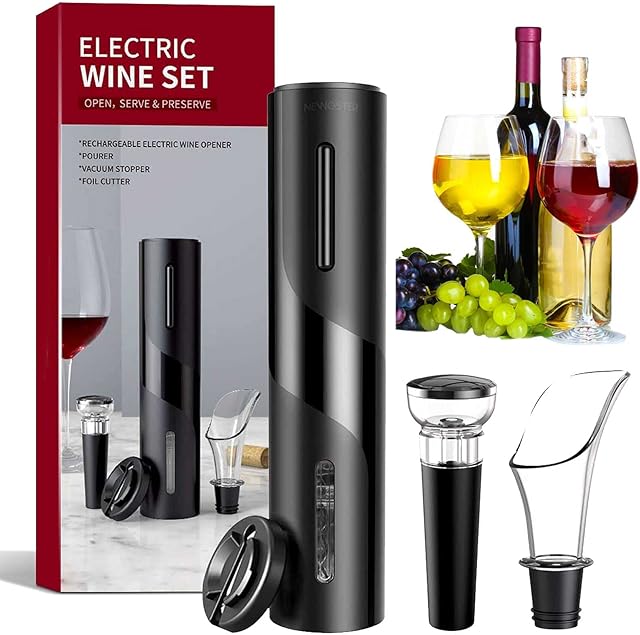 UMIKAkitchen Electric Wine Opener Gift Set with Foil Cutter,Pourer,Vacuum Wine Stoppers - Automatic Corkscrew Kit Abs Material Black Restaurant Bar Profession Bottle Opener