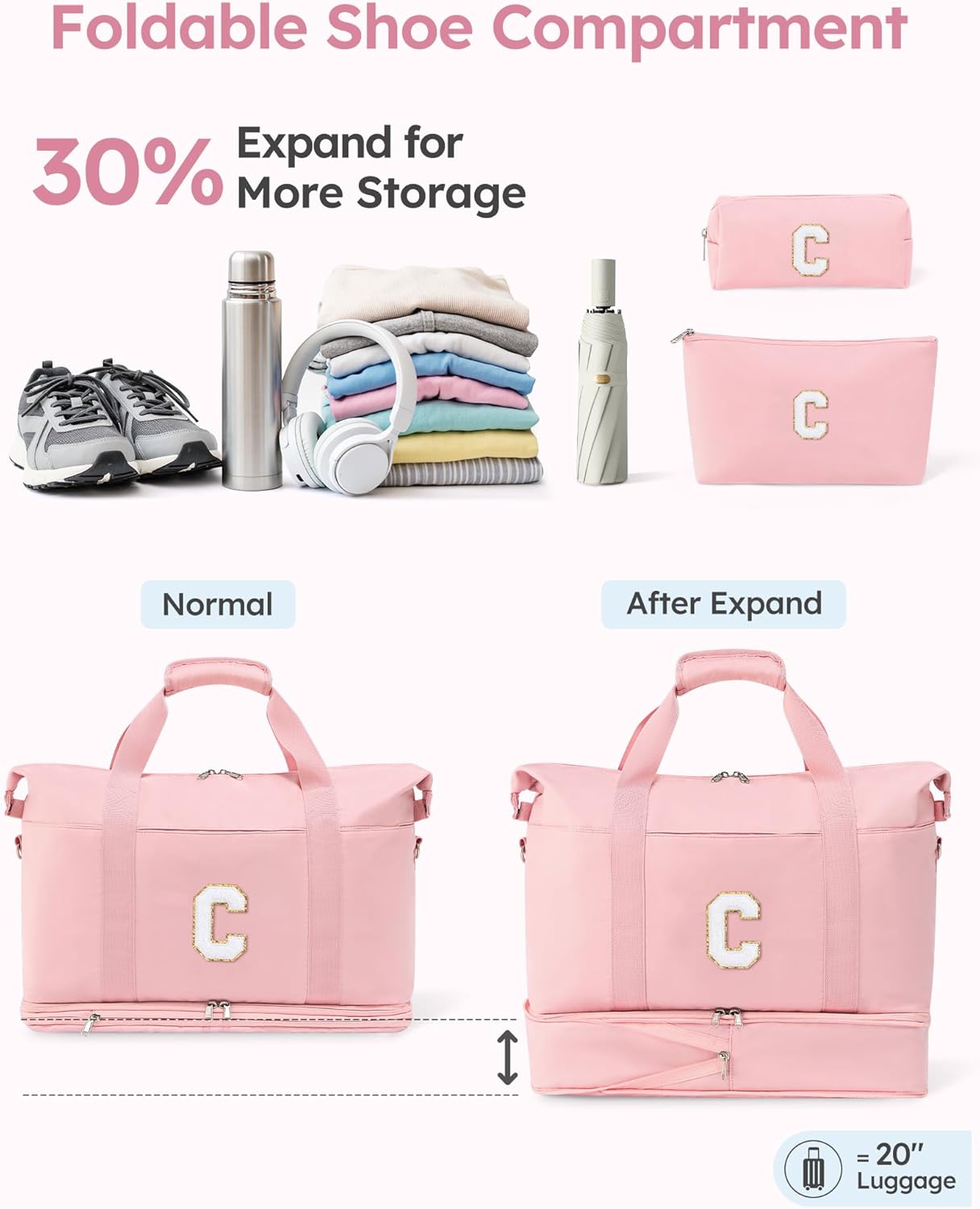 Personalized Initial Travel Duffle Bag for Women, Dance Bags with Foldable Shoe Compartment, Carry-On Weekender Duffel, Gifts for Teenage Girls, Water Resistant, Pink Letter C - Image 2