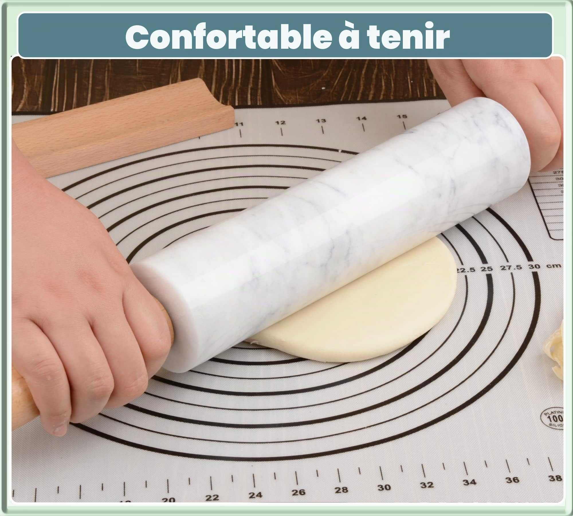 Rouleau à pâtisserie en marbre avec support en bois épais pour pâtisserie, 47 cm, rouleau poli de qualité supérieure pour pâte à pizza, fondant, pâte à tarte, surface antiadhésive, facile à nettoyer